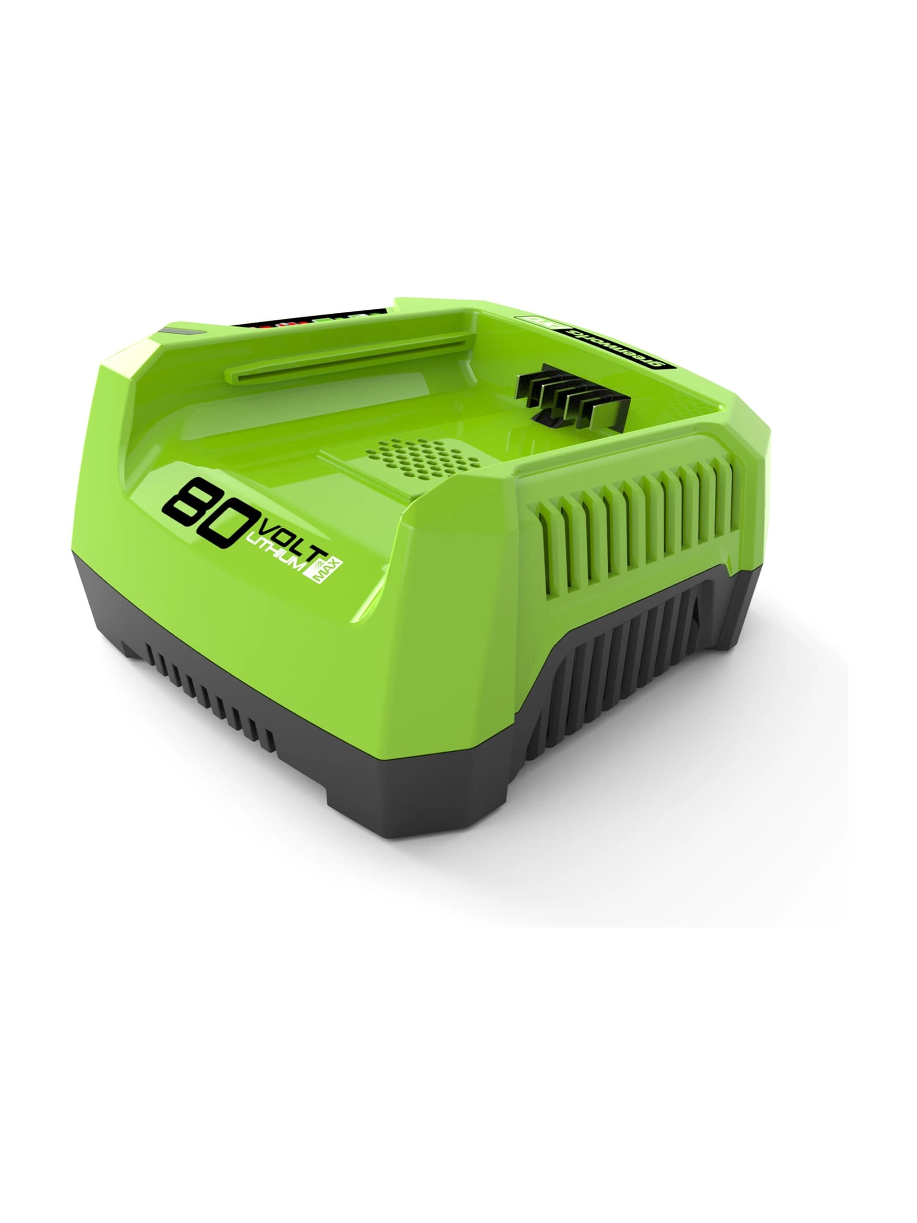 מטען מהיר 4 אמפר 80 וולט עם מאוורר קירור, Greenworks GCH8040: המטען מלפנים ומהצד עם סימון 80 וולט, על רקע לבן