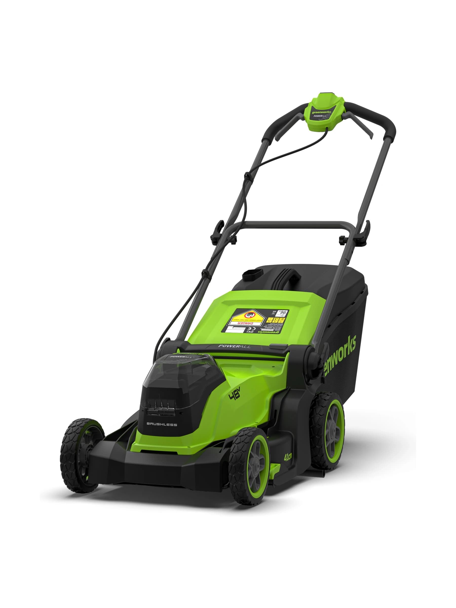 מכסחת דשא 41 ס״מ (16 אינץ׳) 48 וולט נטענת נדחפת, Greenworks LM4102: המכסחת עם שק האיסוף, גוף בלבד, מבט קדמי מהצד, על רקע לבן