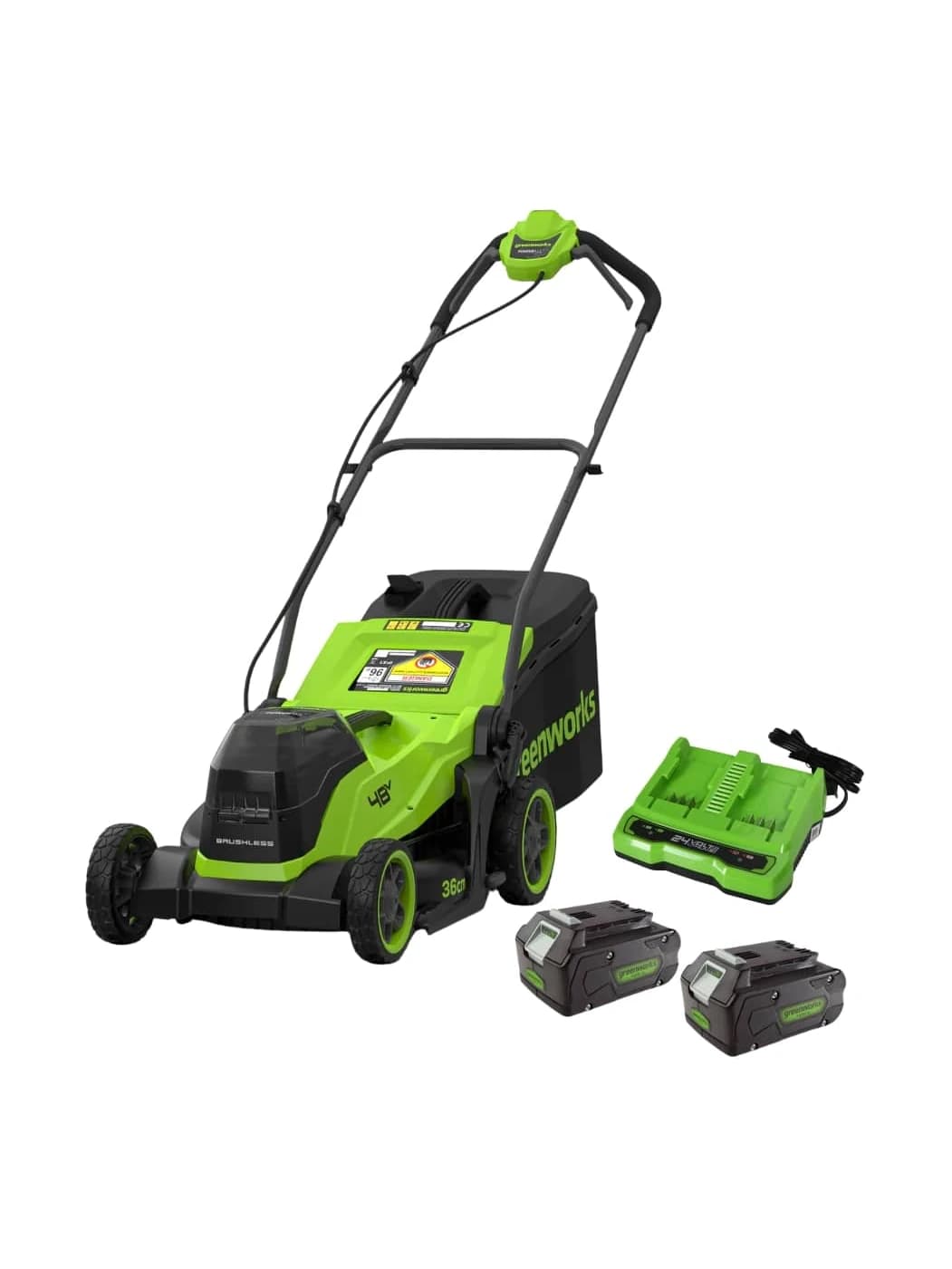 מכסחת דשא נטענת 36 ס"מ עם 2 סוללות 4 אמפר ומטען - Greenworks MO48L421-01 48V
