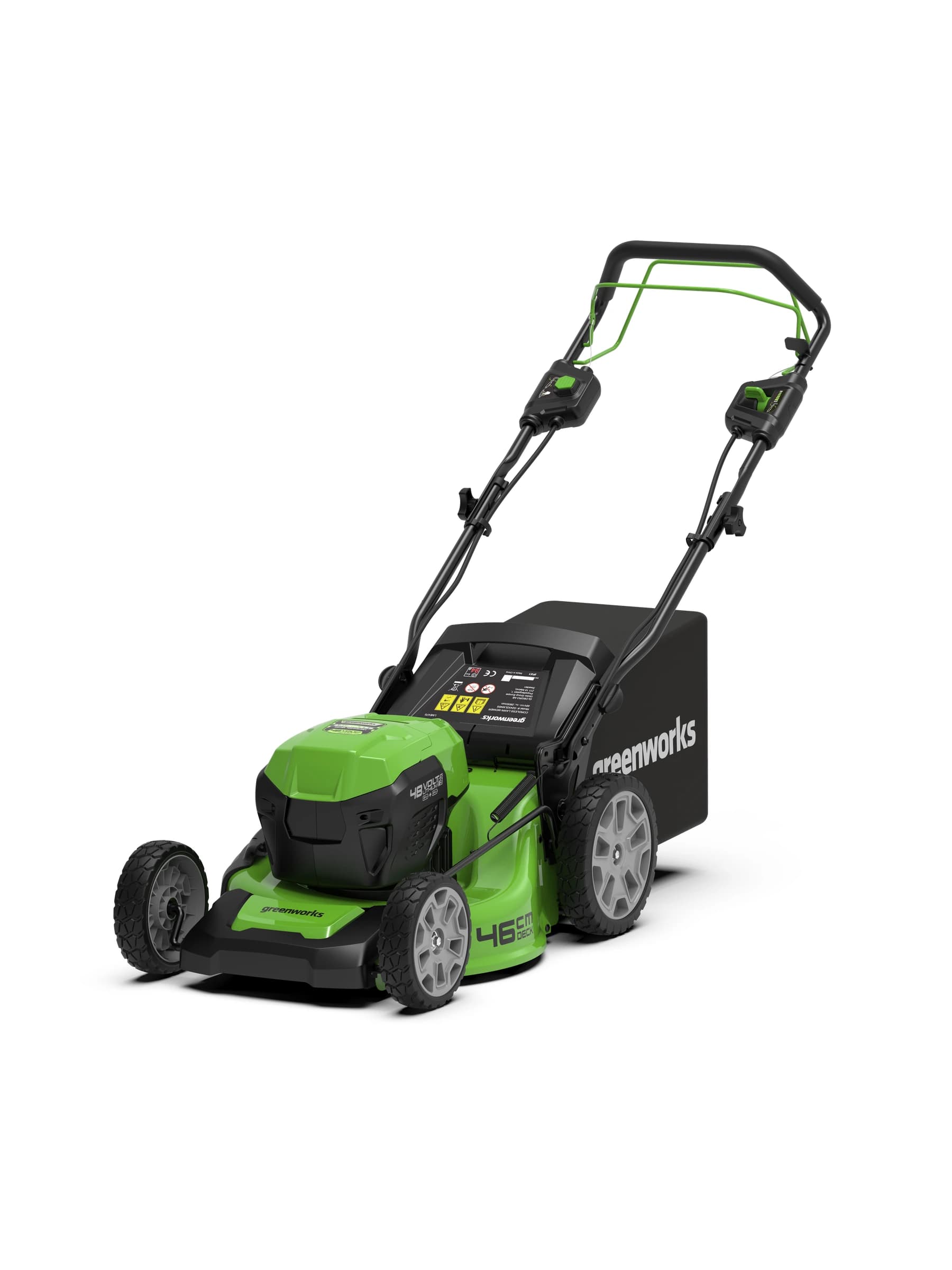 מכסחת דשא 46 ס״מ 48 וולט נטענת נסיעה עצמית, Greenworks GD24X2LM46SP: המכסחת עם שק האיסוף, גוף בלבד, מבט קדמי מהצד, על רקע לבן