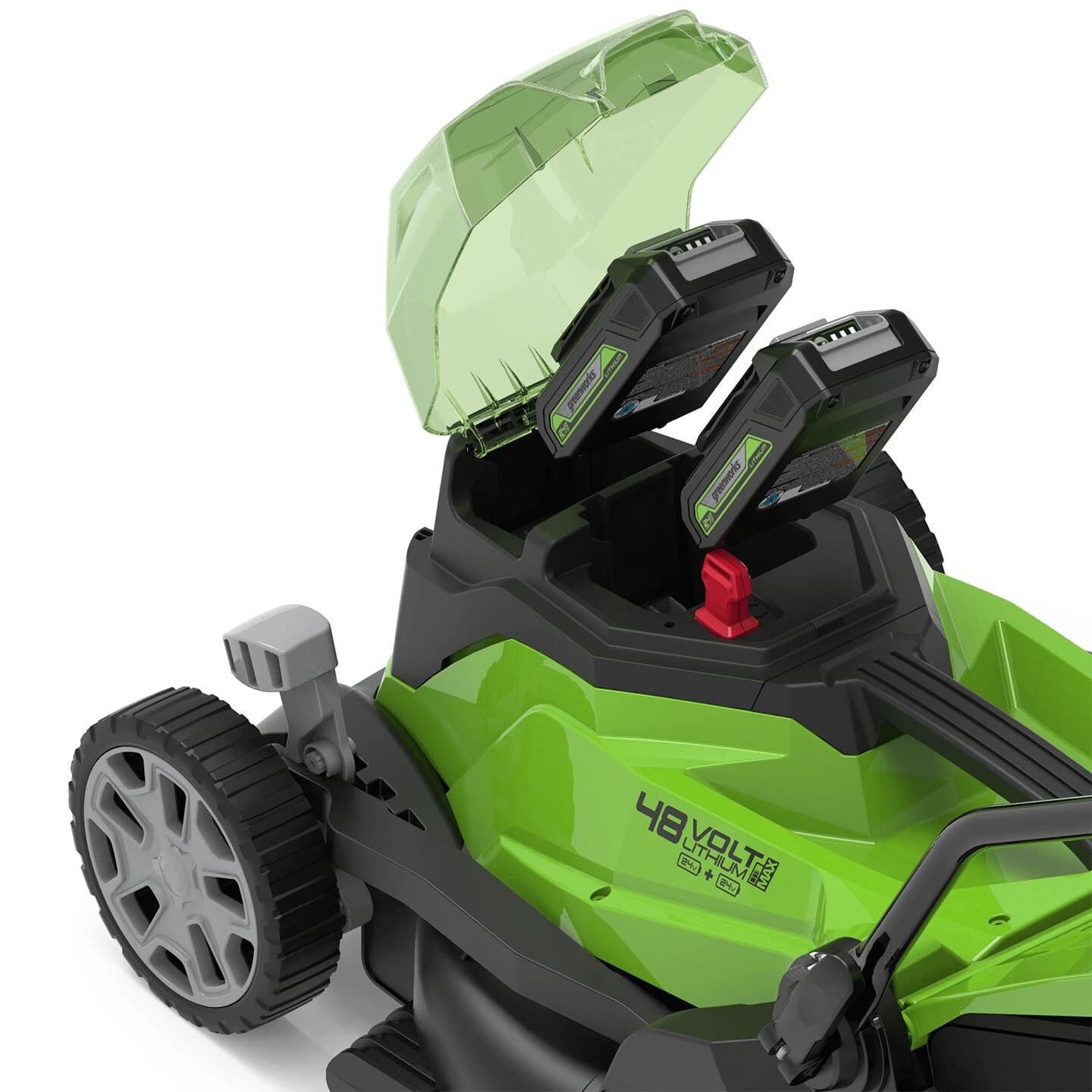 מכסחת דשא 46 ס״מ 48 וולט נטענת נסיעה עצמית, Greenworks GD24X2LM46SP: תקריב סטודיו של תא הסוללות עם המכסה השקוף מורם ושתי סוללות בפנים, על רקע לבן