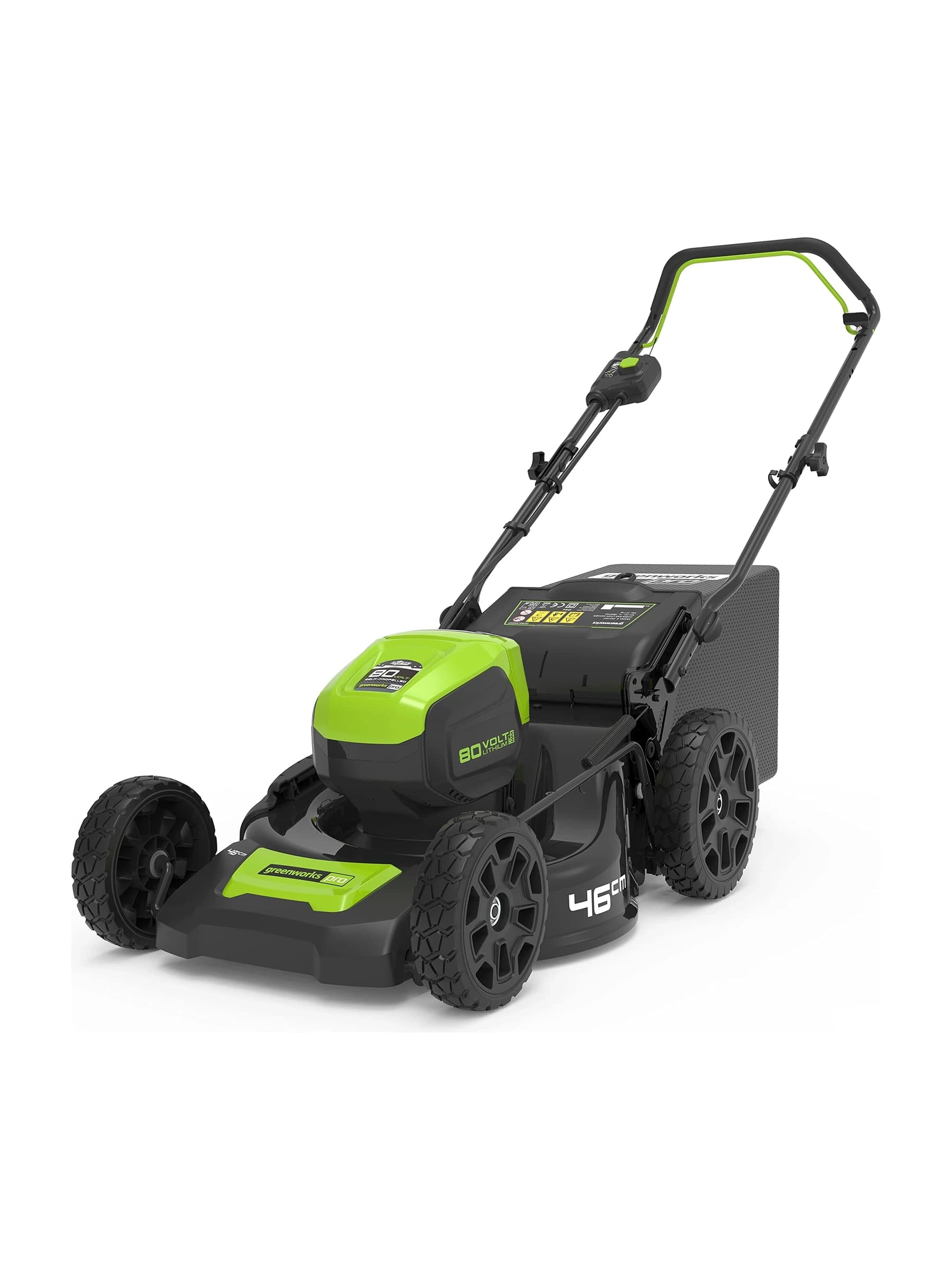 מכסחת דשא 46 ס״מ 80 וולט נטענת נדחפת, Greenworks GD80LM46: המכסחת במבט אלכסוני מלפנים עם שק האיסוף, גוף בלבד, על רקע לבן