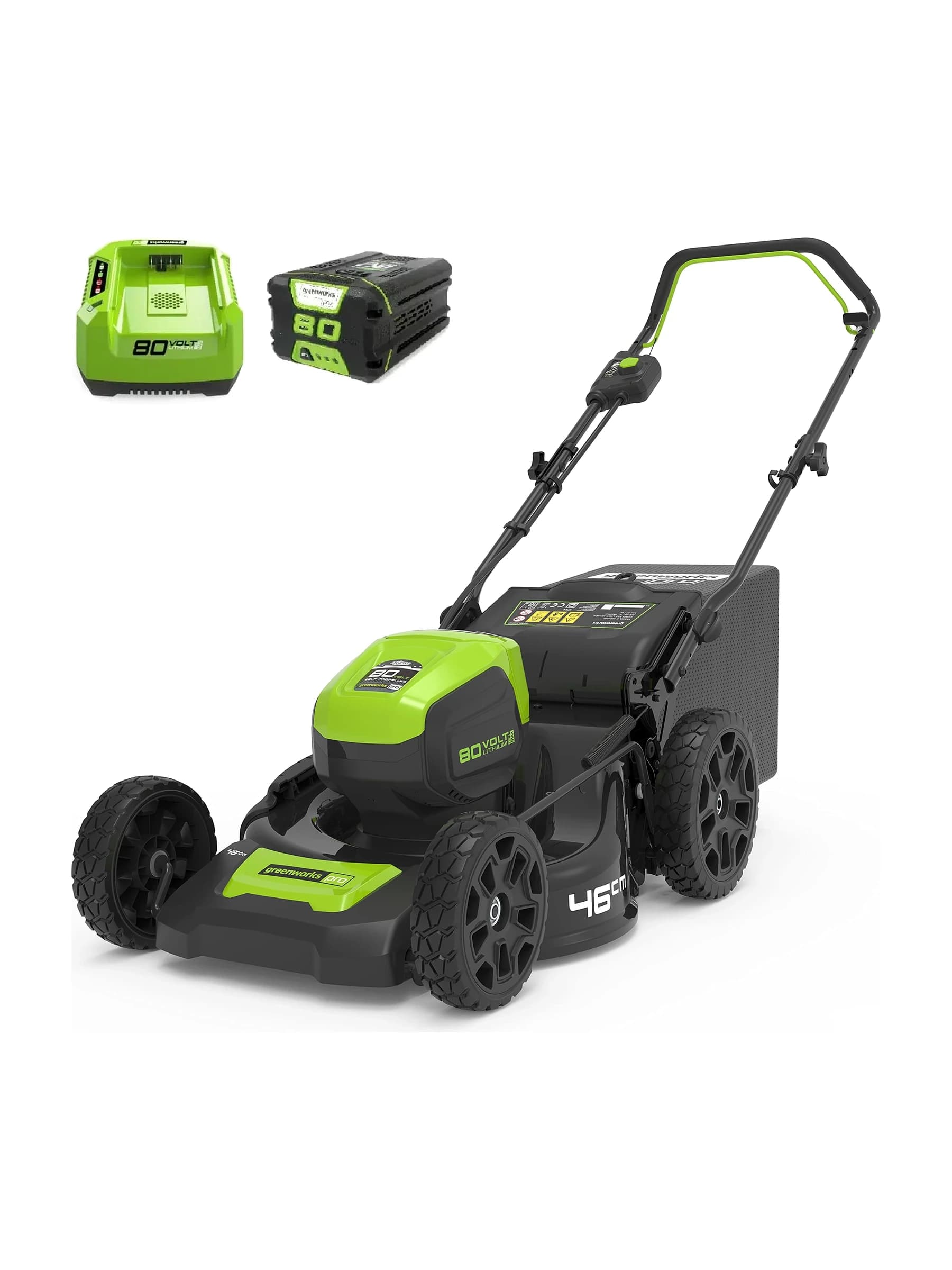מכסחת דשא 46 ס״מ 80 וולט נטענת נדחפת, Greenworks GD80LM46: המכסחת עם סוללת 2 אמפר ומטען מעליה, על רקע לבן