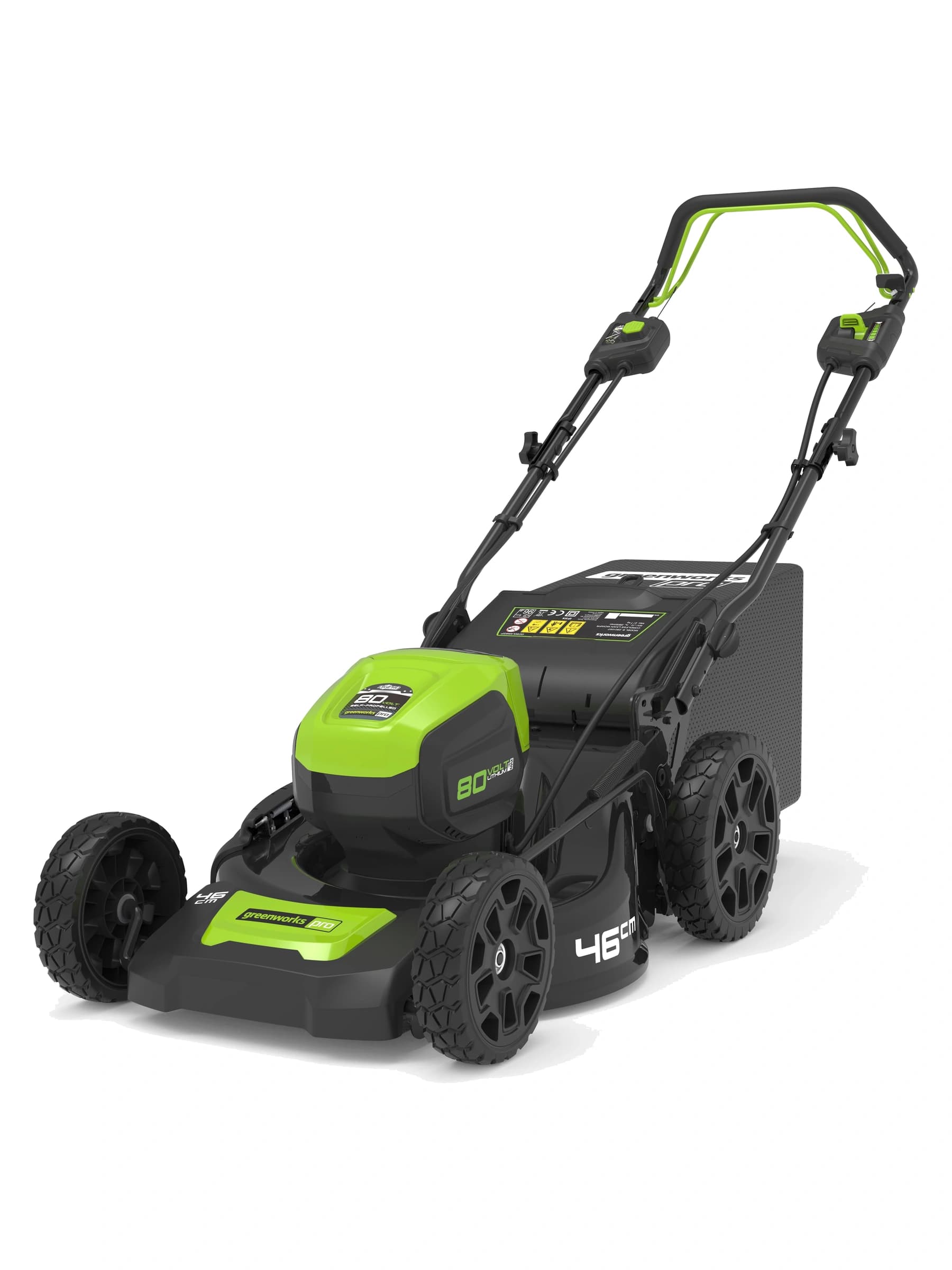 מכסחת דשא 46 ס״מ 80 וולט נטענת נסיעה עצמית, Greenworks GD80LM46SP: המכסחת במבט אלכסוני מלפנים עם שק האיסוף, גוף בלבד, רנדר היצרן על רקע לבן