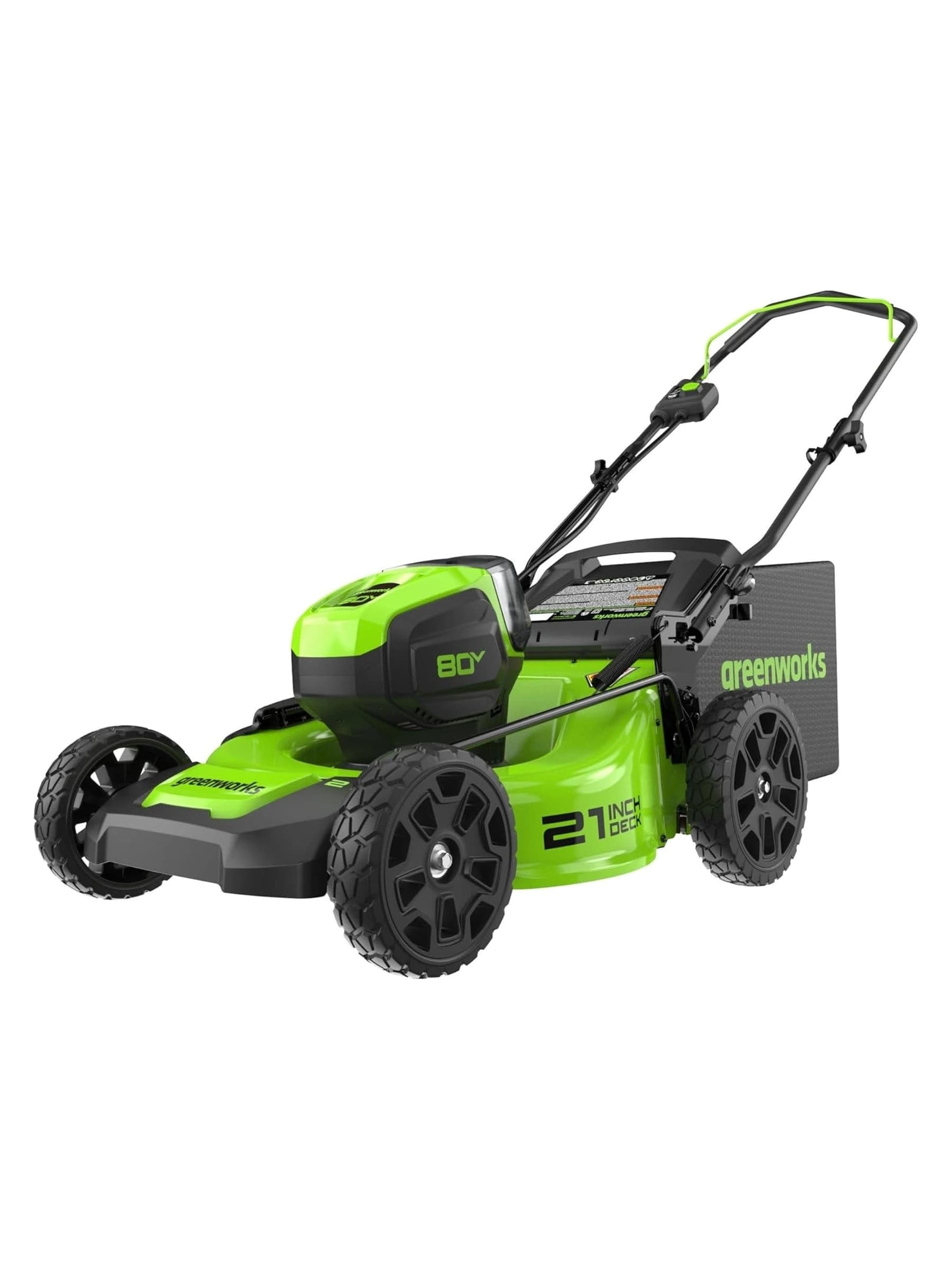 מכסחת דשא 51 ס״מ 80 וולט נטענת נדחפת, Greenworks GLM801602: המכסחת עם שק האיסוף, גוף בלבד, מבט קדמי מהצד, על רקע לבן