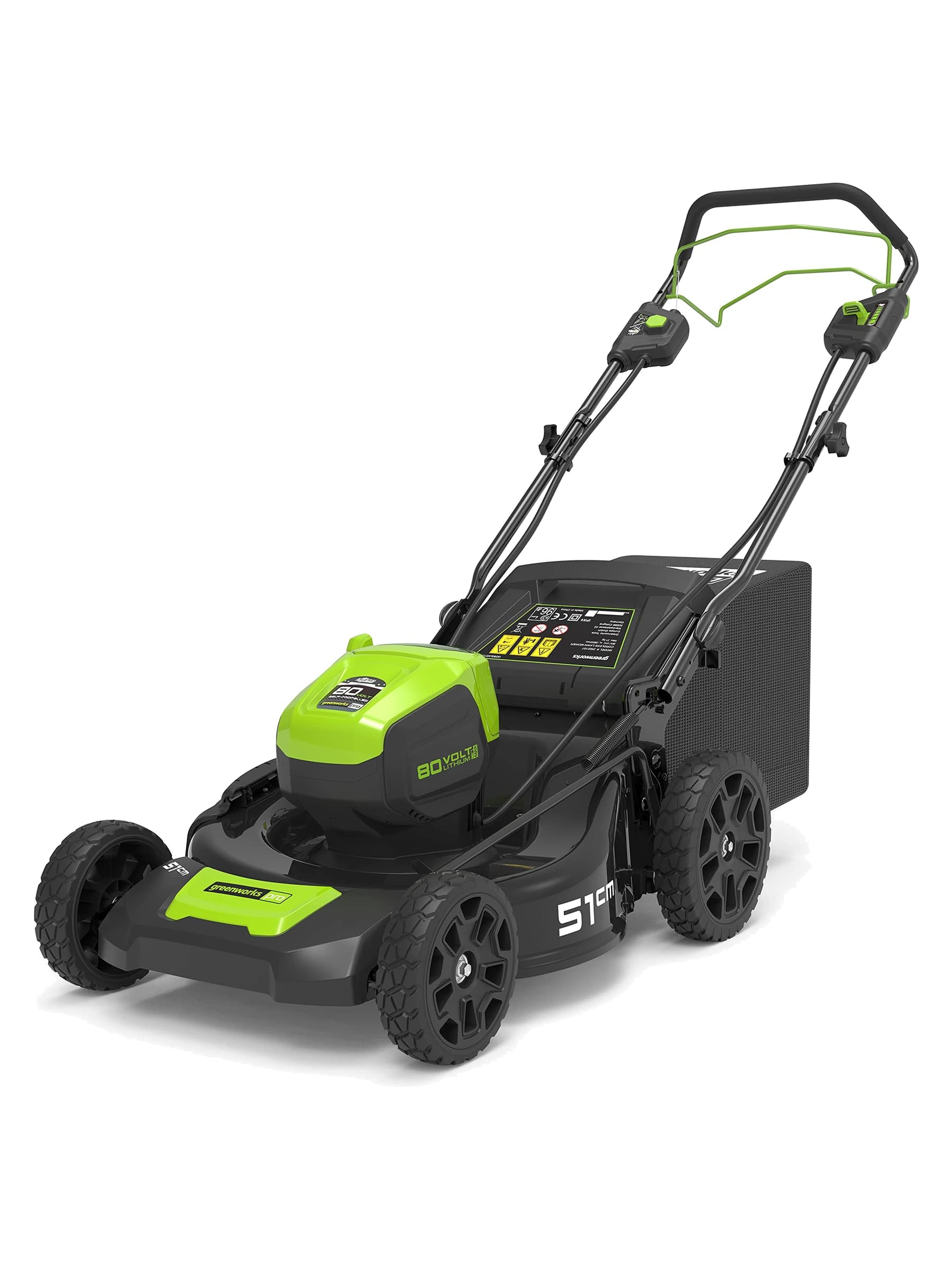 מכסחת דשא 51 ס״מ 80 וולט נטענת נסיעה עצמית, Greenworks GD80LM51SP: המכסחת עם שק האיסוף, גוף בלבד, מבט קדמי מהצד, על רקע לבן