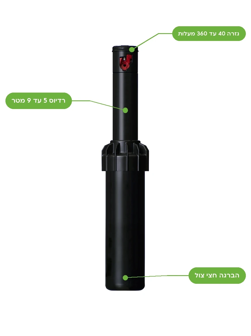 ממטיר גיחה רוטור Hunter PGJ: גזרה 40 עד 360 מעלות, רדיוס 5 עד 9 מטר, הברגה חצי צול
