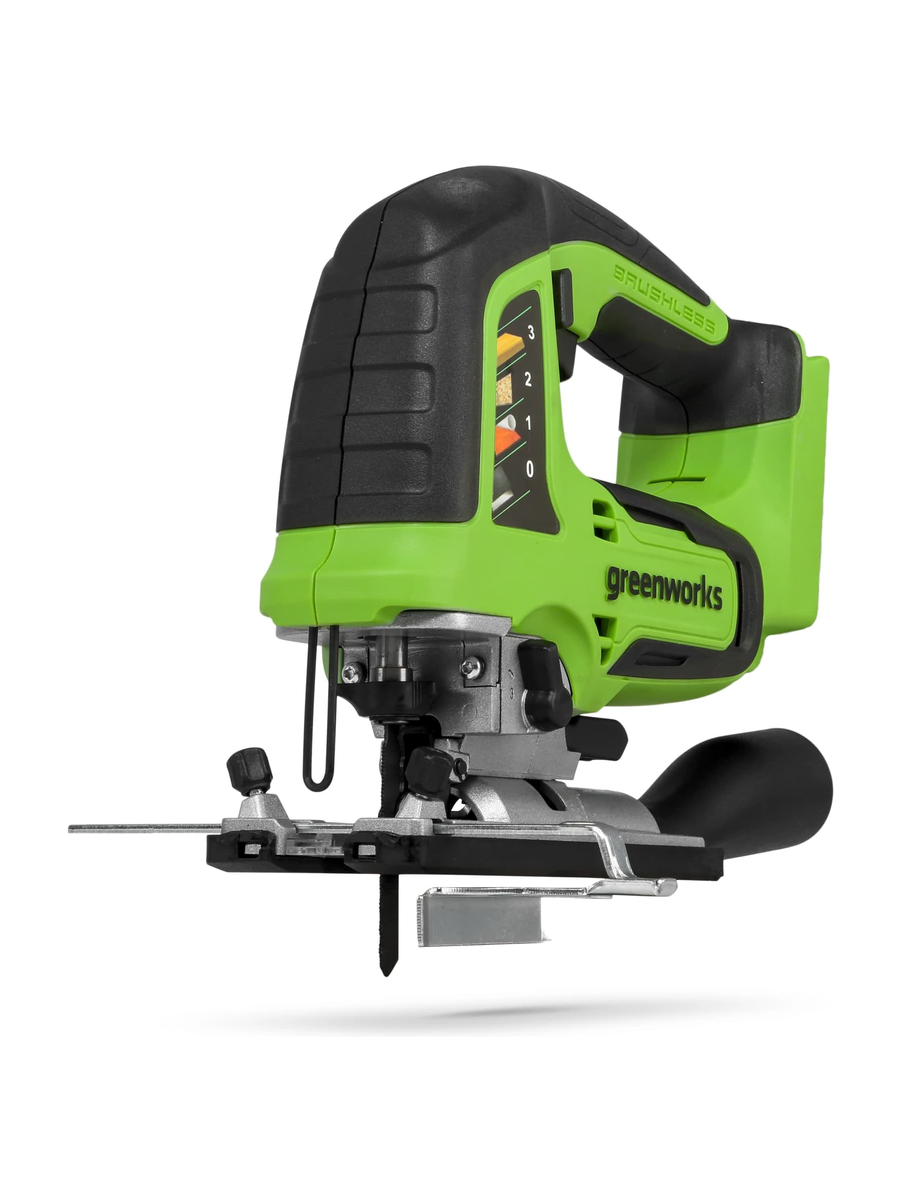 מסור אנכי 24 וולט נטען, Greenworks GD24JS: גוף בלבד, מבט מהצד, על רקע לבן