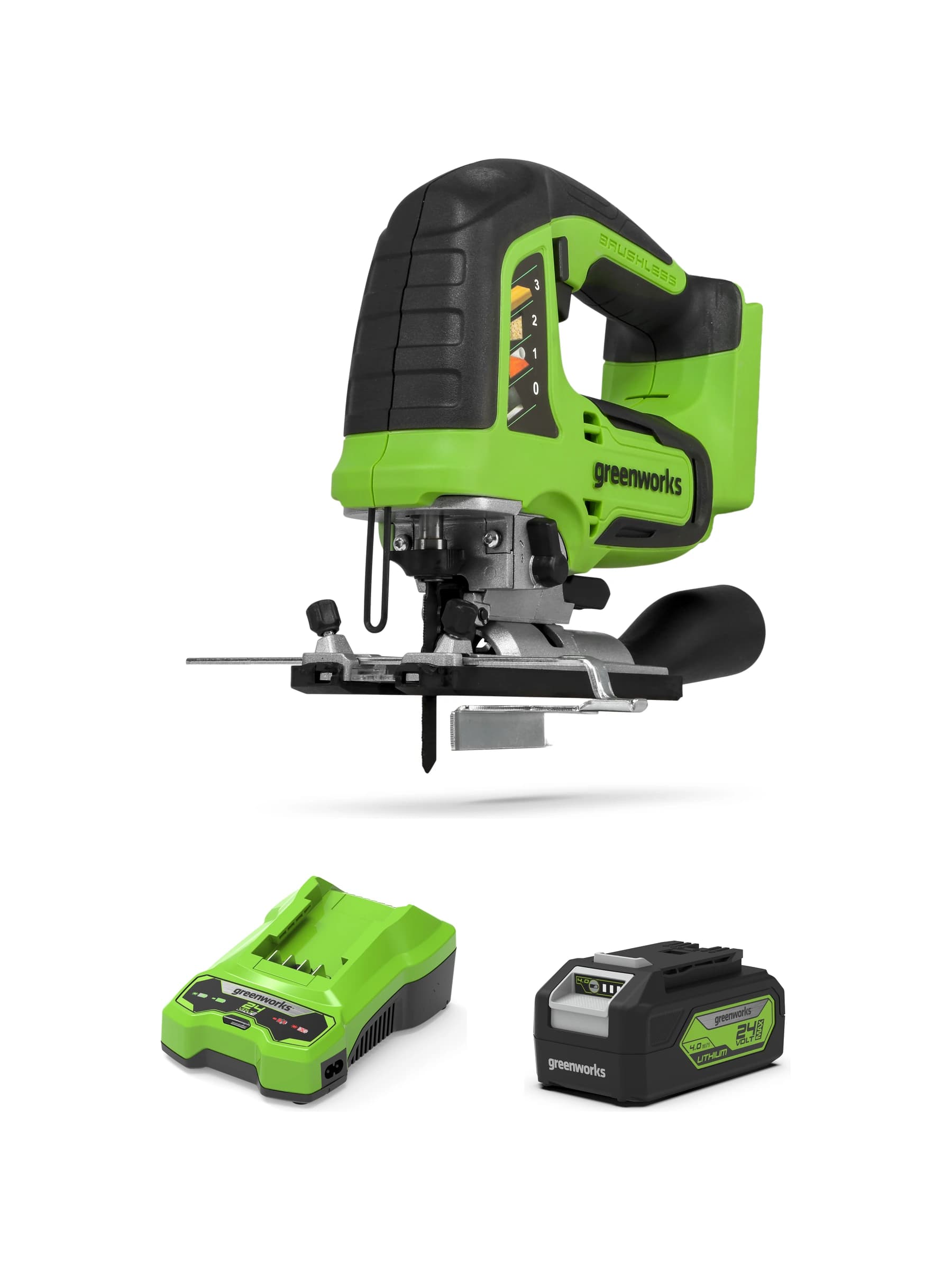 מסור אנכי 24 וולט נטען, Greenworks GD24JS: המסור עם סוללת 4 אמפר ומטען, על רקע לבן
