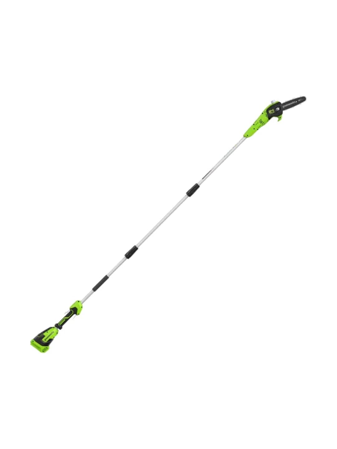 מסור גבהים 20 ס״מ 24 וולט נטען טלסקופי, Greenworks PS24B00: מבט נוסף על הכלי המלא באלכסון, על רקע לבן