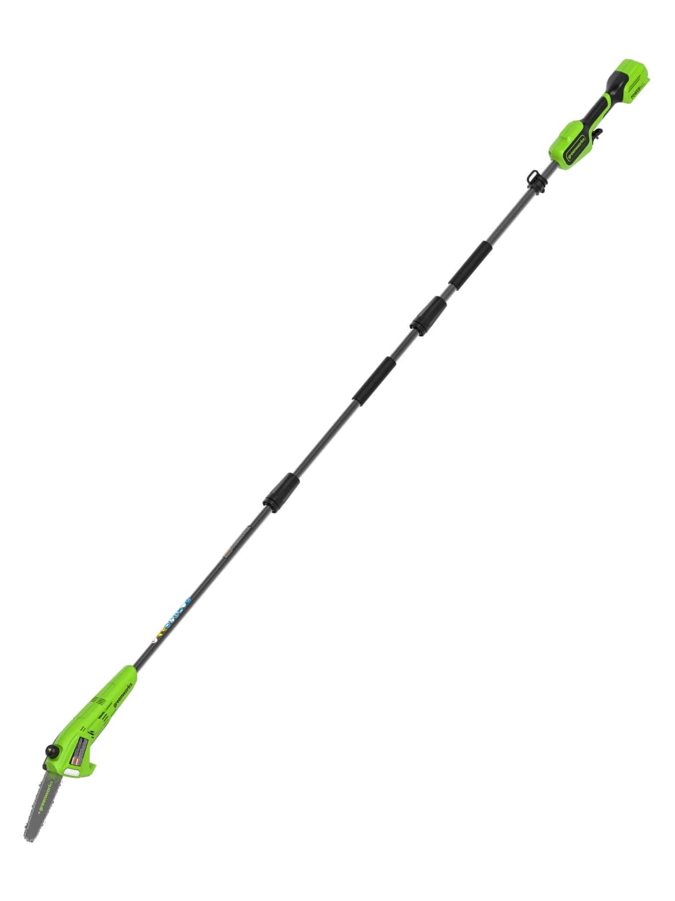 מסור גבהים 20 ס״מ 24 וולט נטען דור 2 גוף בלבד, Greenworks PS24B00-01: הכלי במלוא אורכו באלכסון, גוף בלבד, ראש המסור למטה והידית למעלה, על רקע לבן