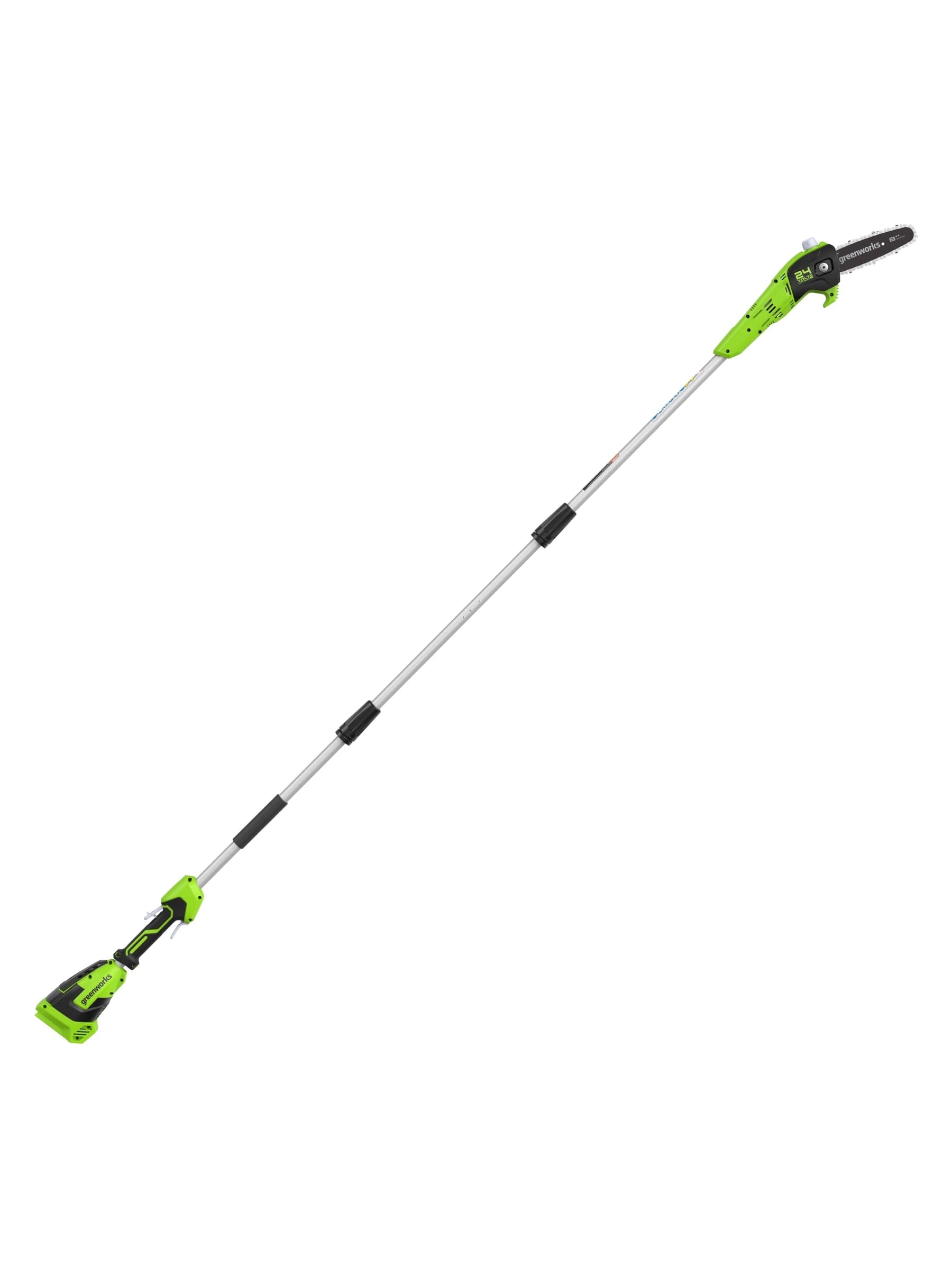 מסור גבהים 20 ס״מ 24 וולט נטען טלסקופי, Greenworks PS24B00: הכלי במלוא אורכו באלכסון, גוף בלבד, על רקע לבן