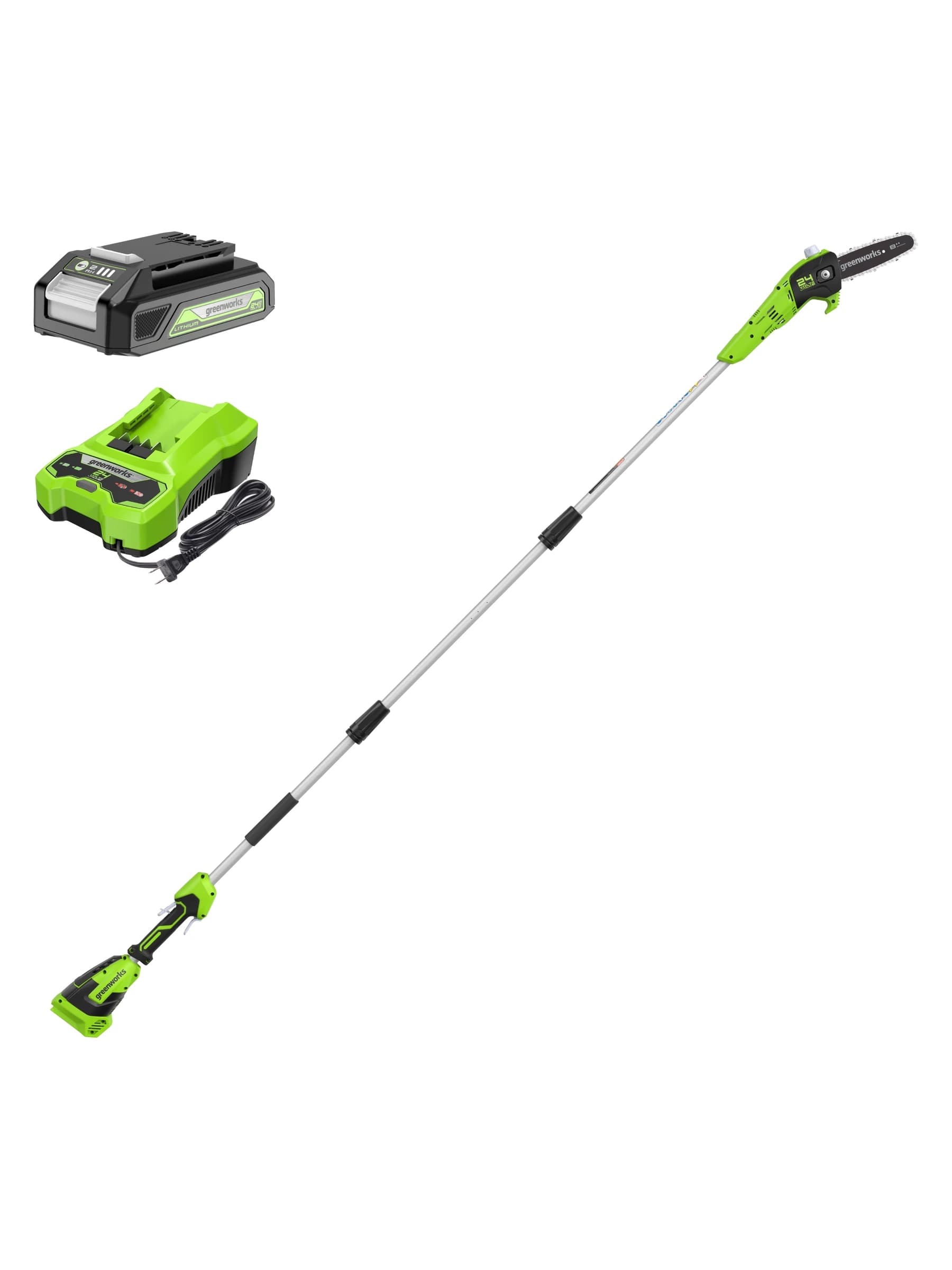 מסור גבהים 20 ס״מ 24 וולט נטען טלסקופי, Greenworks PS24B00: הערכה עם סוללת 2 אמפר ומטען, על רקע לבן