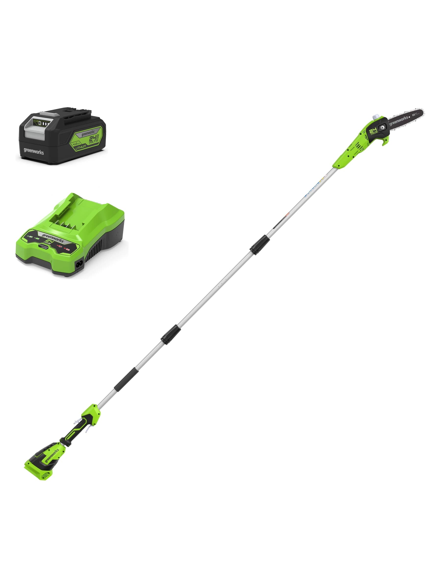 מסור גבהים 20 ס״מ 24 וולט נטען טלסקופי, Greenworks PS24B00: הערכה עם סוללת 4 אמפר ומטען, על רקע לבן