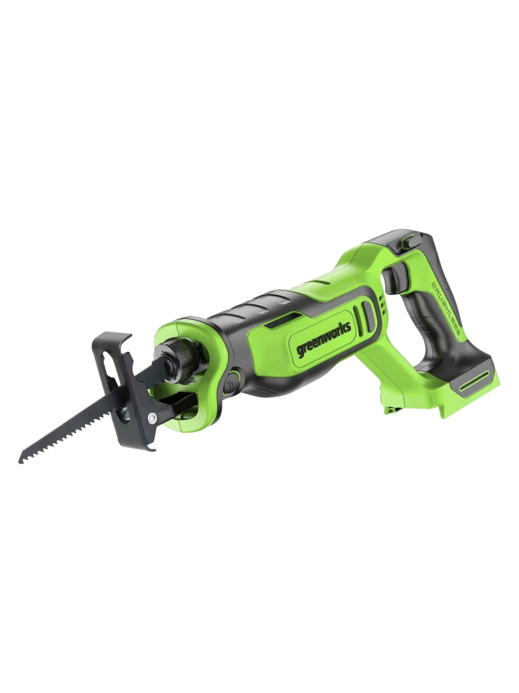 מסור חרב 15 ס״מ 24 וולט נטען, Greenworks PA238K: המסור מהצד עם להב מורכב, גוף בלבד, על רקע לבן