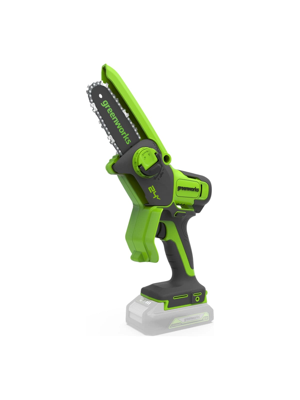 מסור שרשרת מיני 10 ס״מ 24 וולט נטען, Greenworks G24MCS10: גוף בלבד, הלהב פונה למעלה והסוללה מסומנת באפור, על רקע לבן