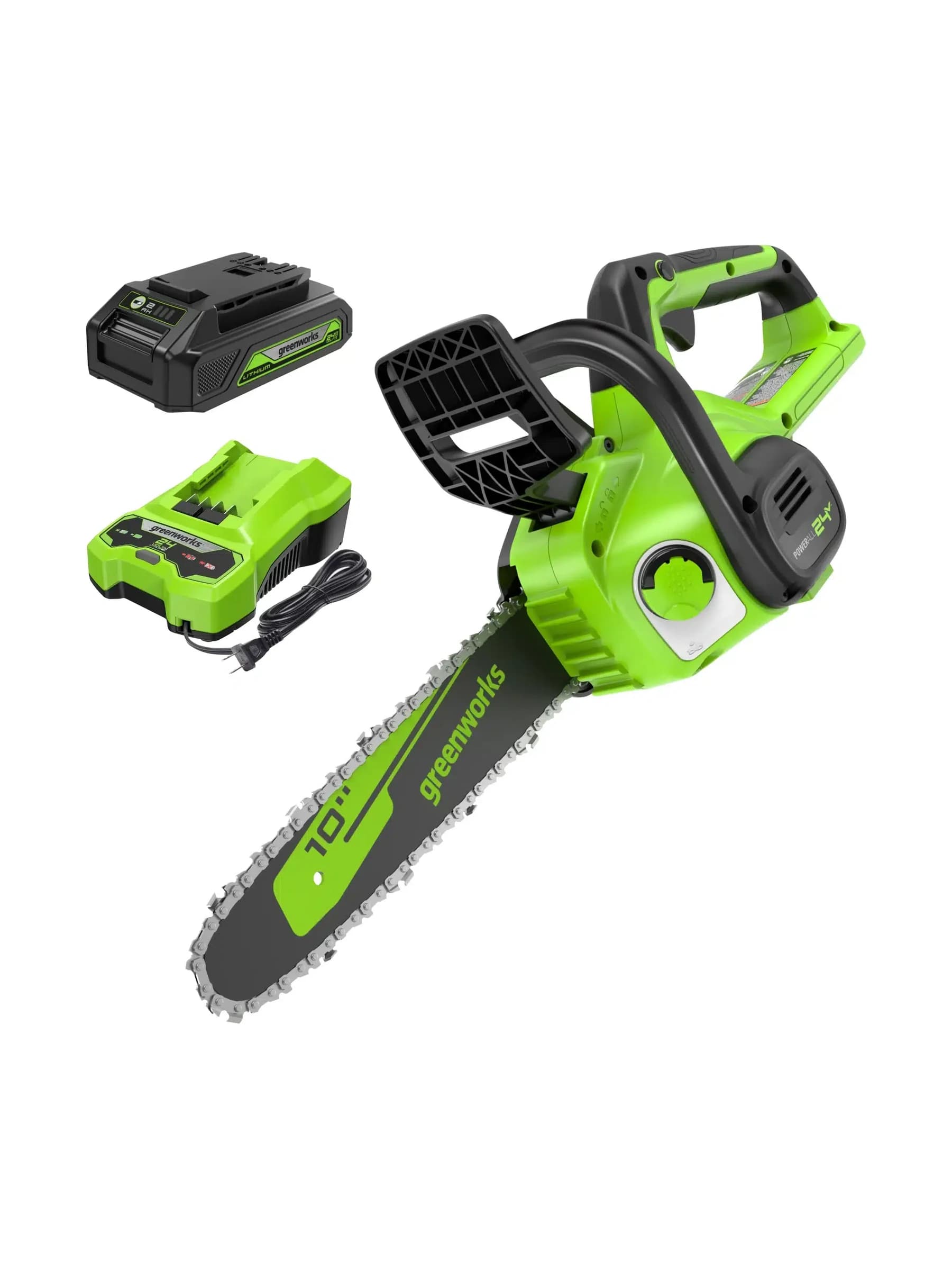 מסור שרשרת נטען "10 עם סוללה 2 אמפר ומטען - Greenworks CS24B210 24V
