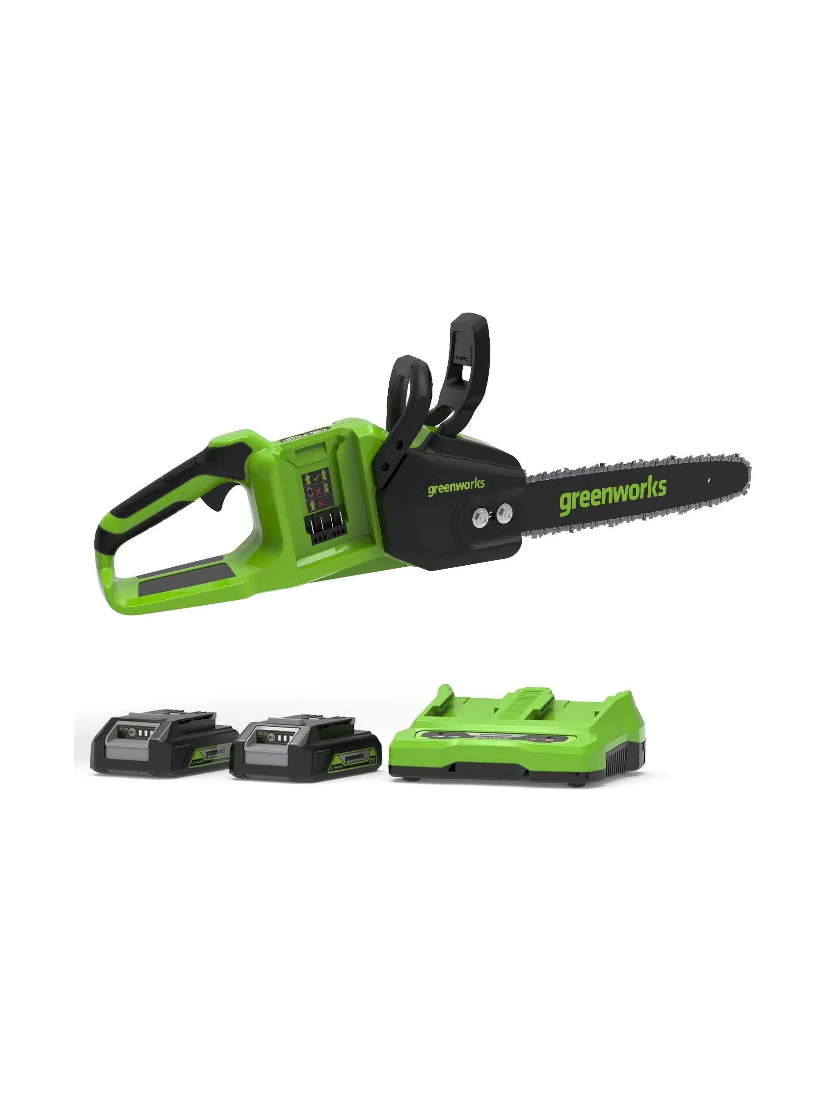 מסור שרשרת נטען 14" עם 2 סוללות 2 אמפר ומטען - Greenworks 48V (2x24V) Brushless