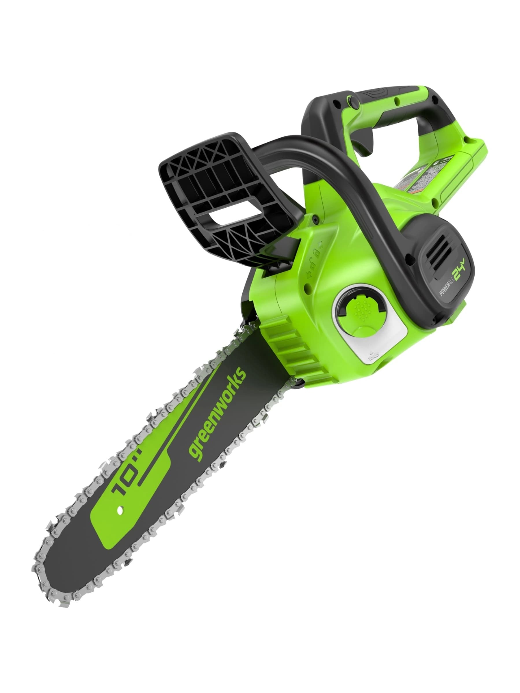 מסור שרשרת 25 ס״מ 24 וולט נטען, Greenworks CS24B00: המסור באלכסון עם הלהב למטה משמאל, גוף בלבד, על רקע לבן