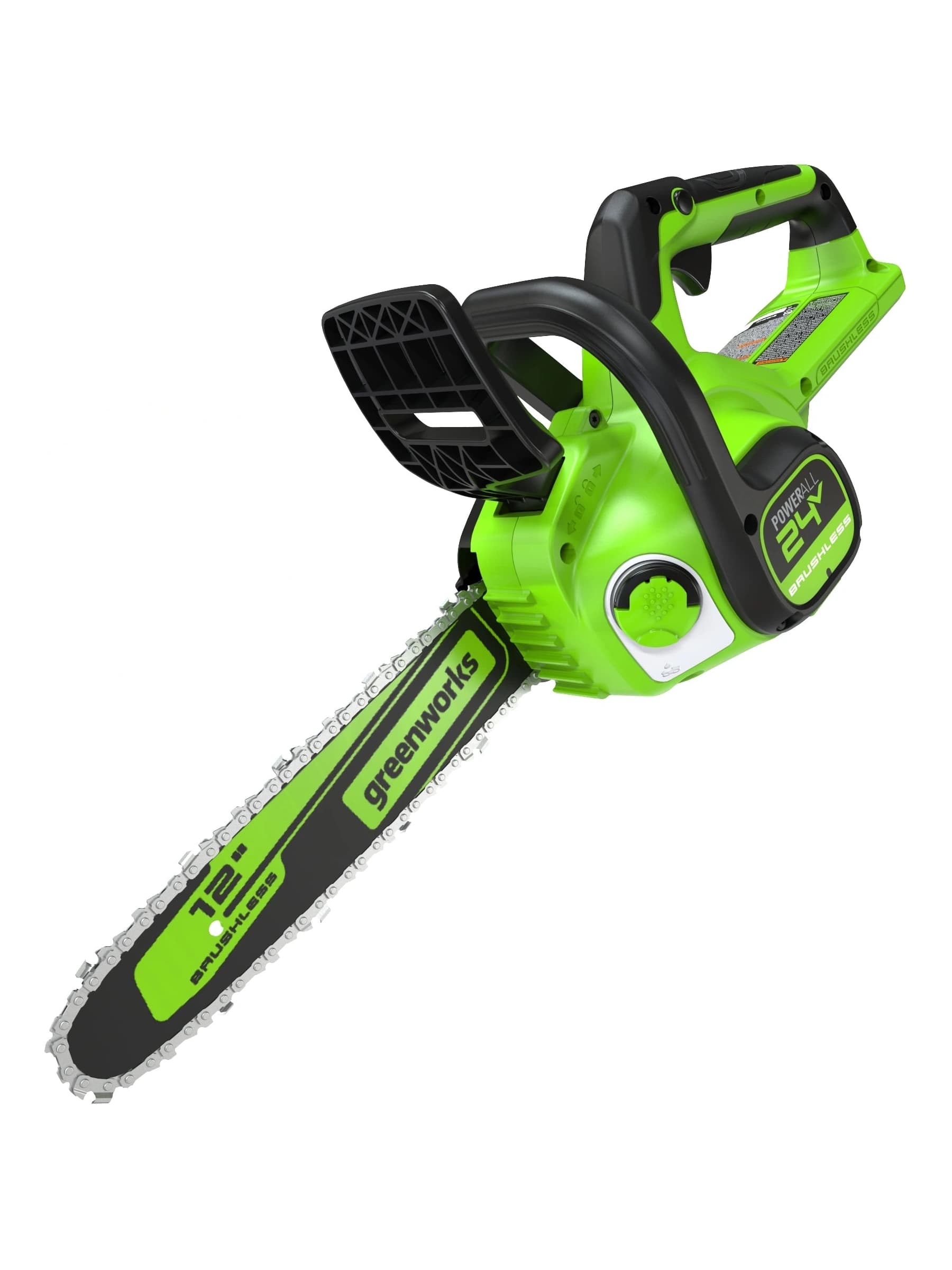 מסור שרשרת 30 ס״מ 24 וולט נטען, Greenworks CS24L00: המסור באלכסון עם הלהב כלפי מטה, גוף בלבד, על רקע לבן