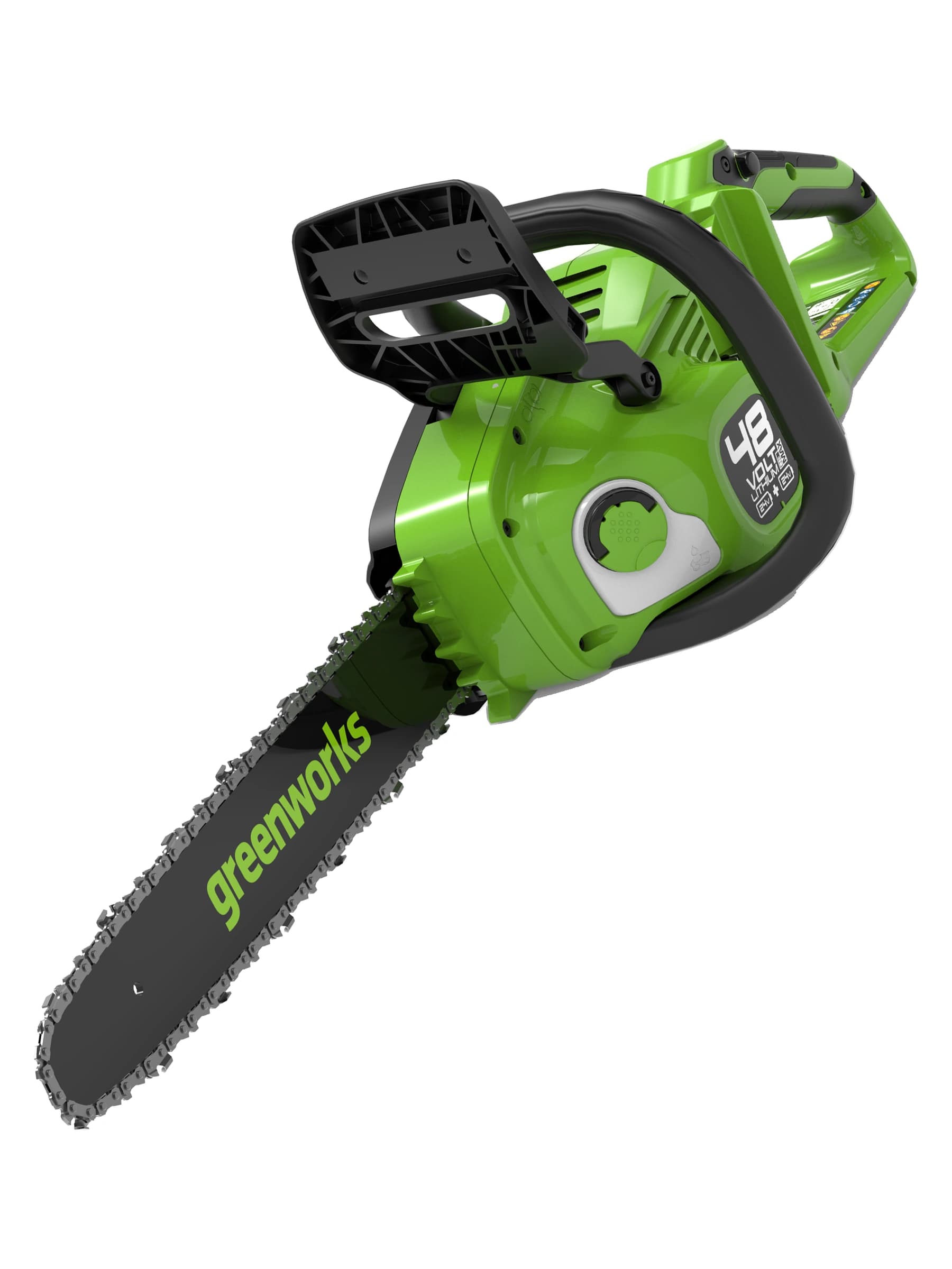 מסור שרשרת 36 ס״מ 48 וולט נטען, Greenworks CS48L4410: המסור באלכסון עם הלהב כלפי מטה, גוף בלבד, על רקע לבן