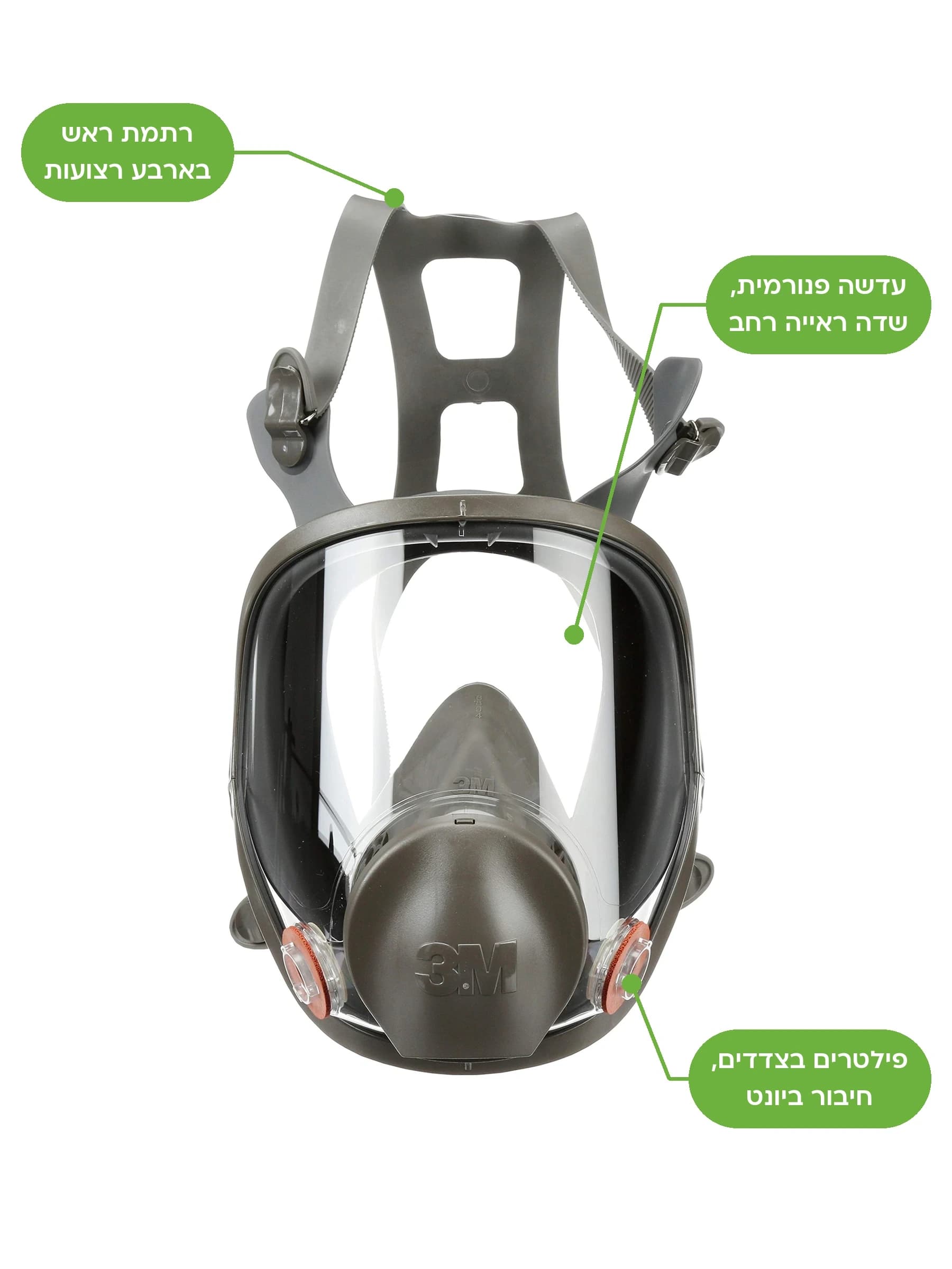 מסיכת פנים מלאות, 3M 6800: רתמת ראש בארבע רצועות, עדשה פנורמית, שדה ראייה רחב, פילטרים בצדדים, חיבור ביונט