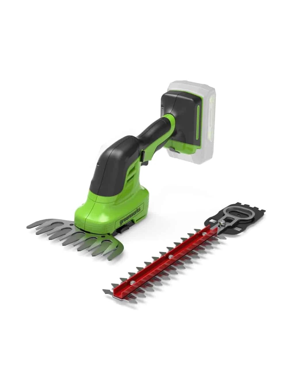 מזמרה 24 וולט נטענת גוף בלבד, Greenworks G24SHT: המזמרה עם להב הדשא מורכב ולהב השיחים לצידה