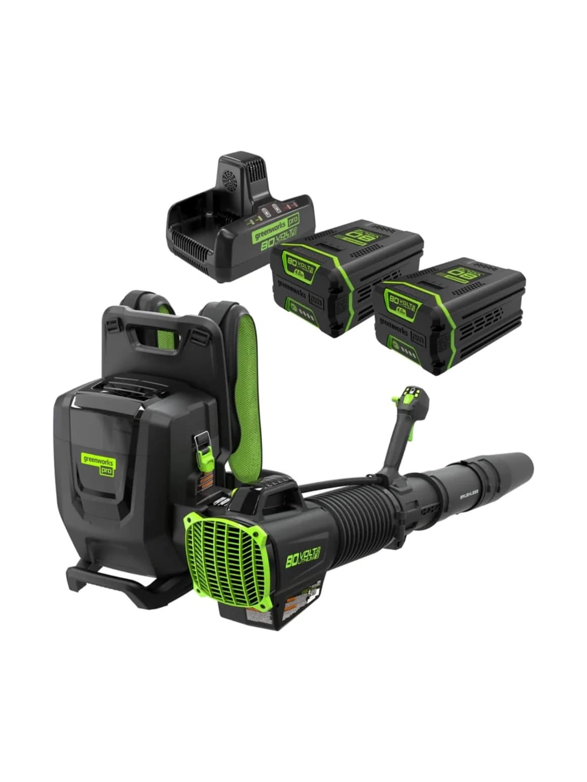 מפוח גב נטען עם 2 סוללות 5 אמפר ומטען מהיר כפול Greenworks BLB492 Brushless 80V Pro