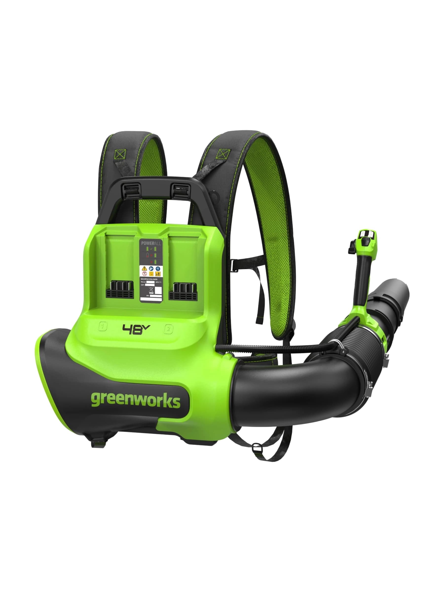 מפוח גב 48 וולט נטען דור 2 גוף בלבד, Greenworks BL4802: מבט מלפנים על מנשא הגב: תא שתי הסוללות, רצועות הכתפיים וצינור הנשיפה, על רקע לבן