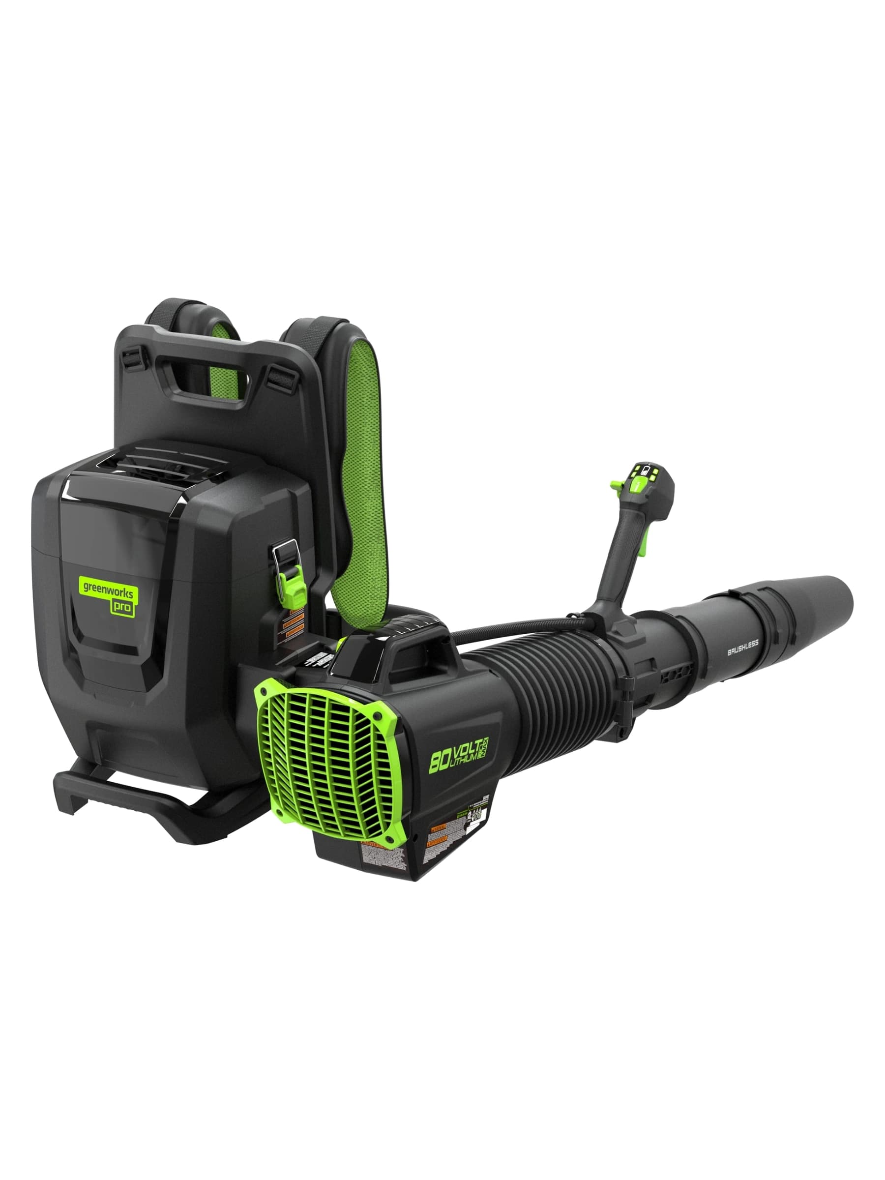 מפוח גב 80 וולט נטען, Greenworks BLB492: המפוח עם רתמת הגב וצינור הניפוח, גוף בלבד, על רקע לבן