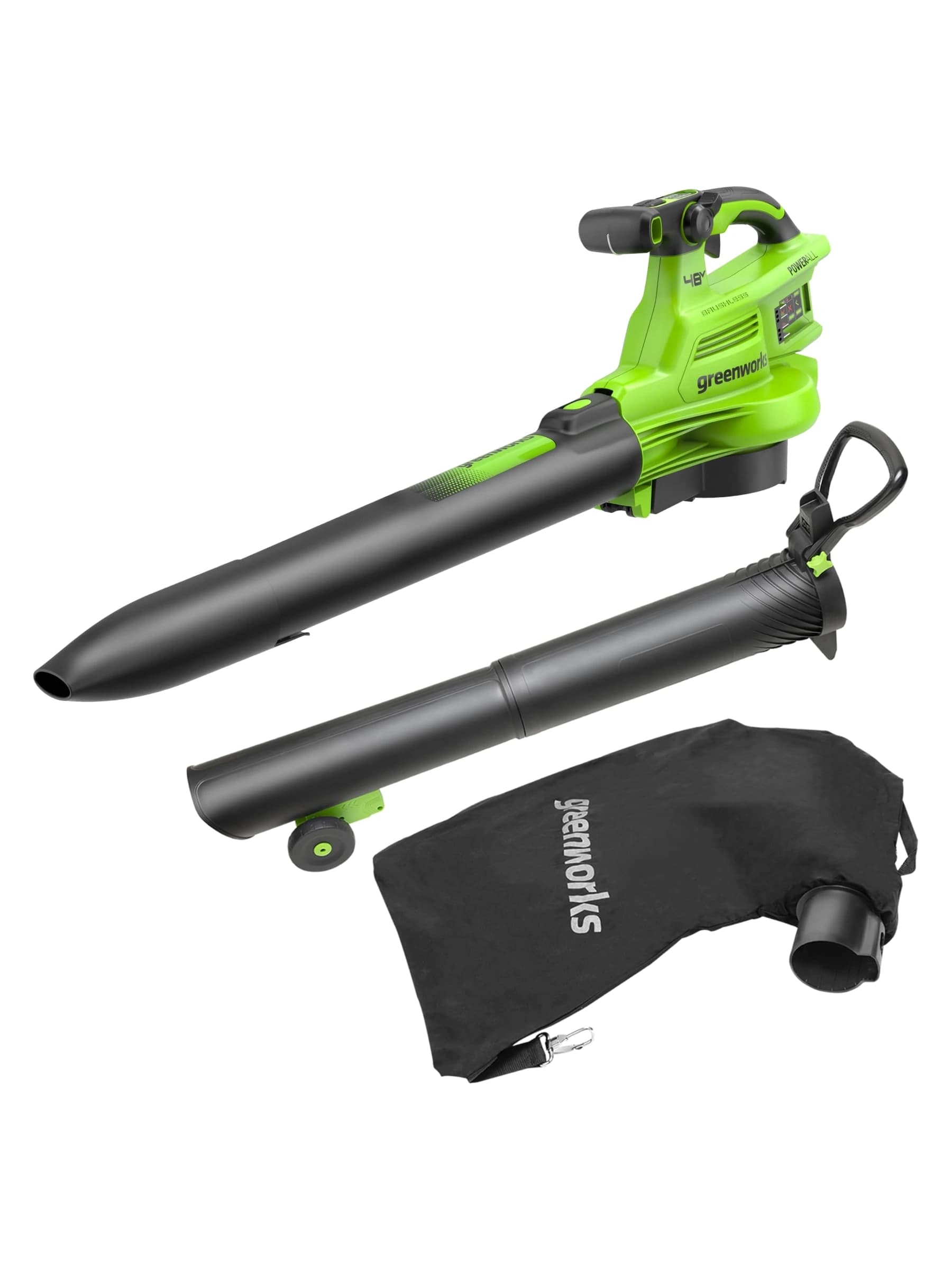 מפוח עלים 48 וולט נטען דור 2, Greenworks 2409207: החלקים שבאריזה: גוף המפוח, צינור השאיבה עם הגלגלים ושק האיסוף, על רקע לבן