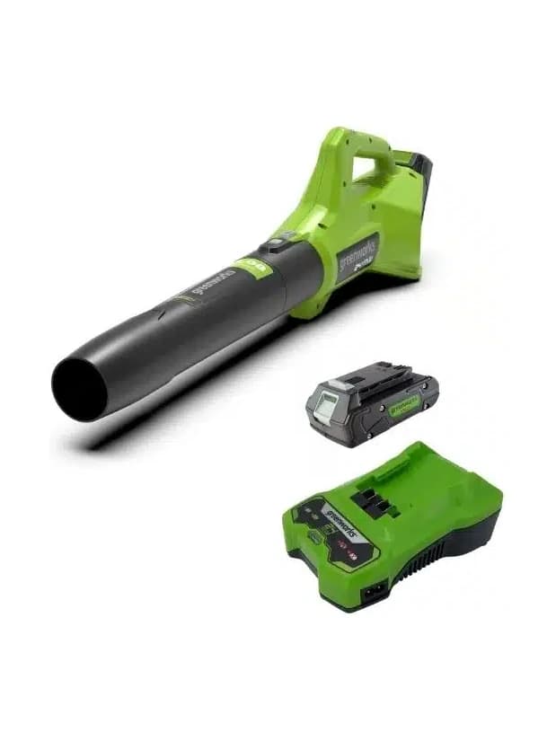 מפוח עלים 24 וולט נטען דור 2, Greenworks BL24B212: המפוח עם סוללת 2 אמפר ומטען, על רקע לבן