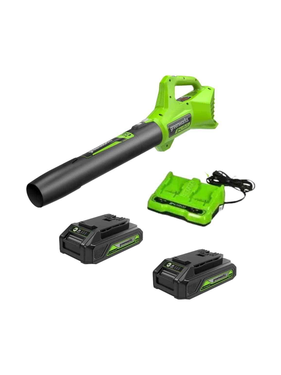מפוח עלים 24 וולט נטען דור 2, Greenworks BL24B212: המפוח עם מטען כפול ושתי סוללות 4 אמפר, על רקע לבן