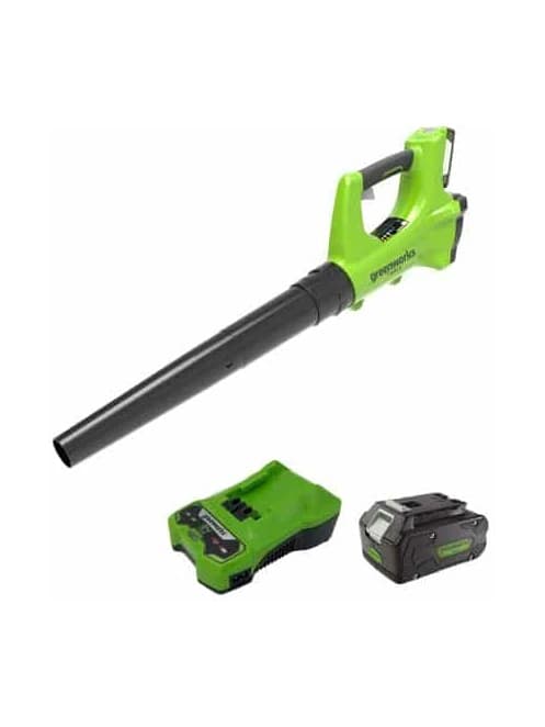 מפוח עלים 24 וולט נטען, Greenworks BA24B210: המפוח עם מטען וסוללת 4 אמפר אחת, על רקע לבן