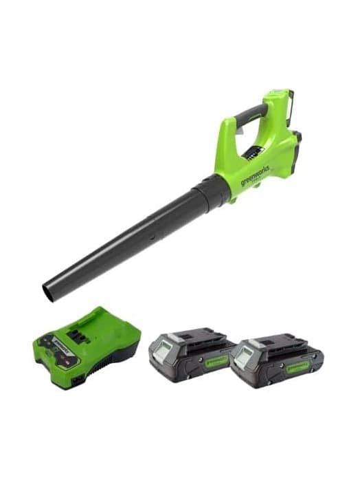 מפוח עלים 24 וולט נטען, Greenworks BA24B210: המפוח עם מטען ושתי סוללות 2 אמפר בשורה מתחתיו, על רקע לבן
