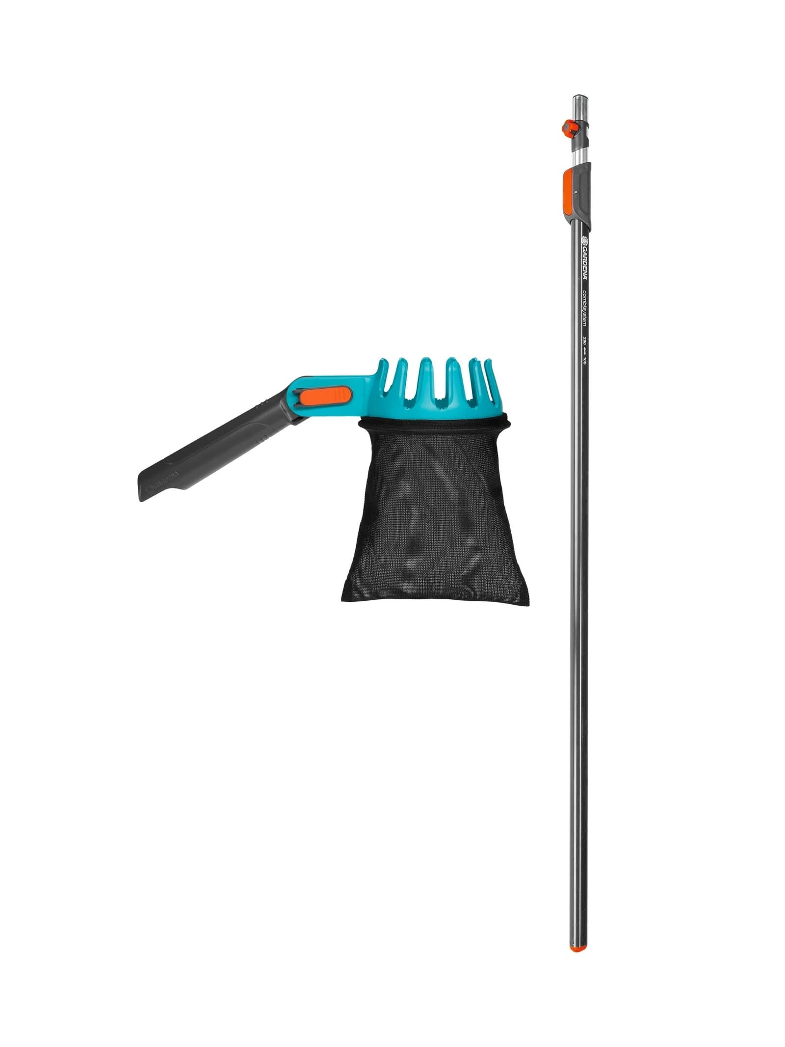 מקטפת פירות למוט, GARDENA combisystem 3115: ראש המקטפת עם סל הבד ולצידו המוט הטלסקופי 160 עד 290 ס״מ, צילום סטודיו