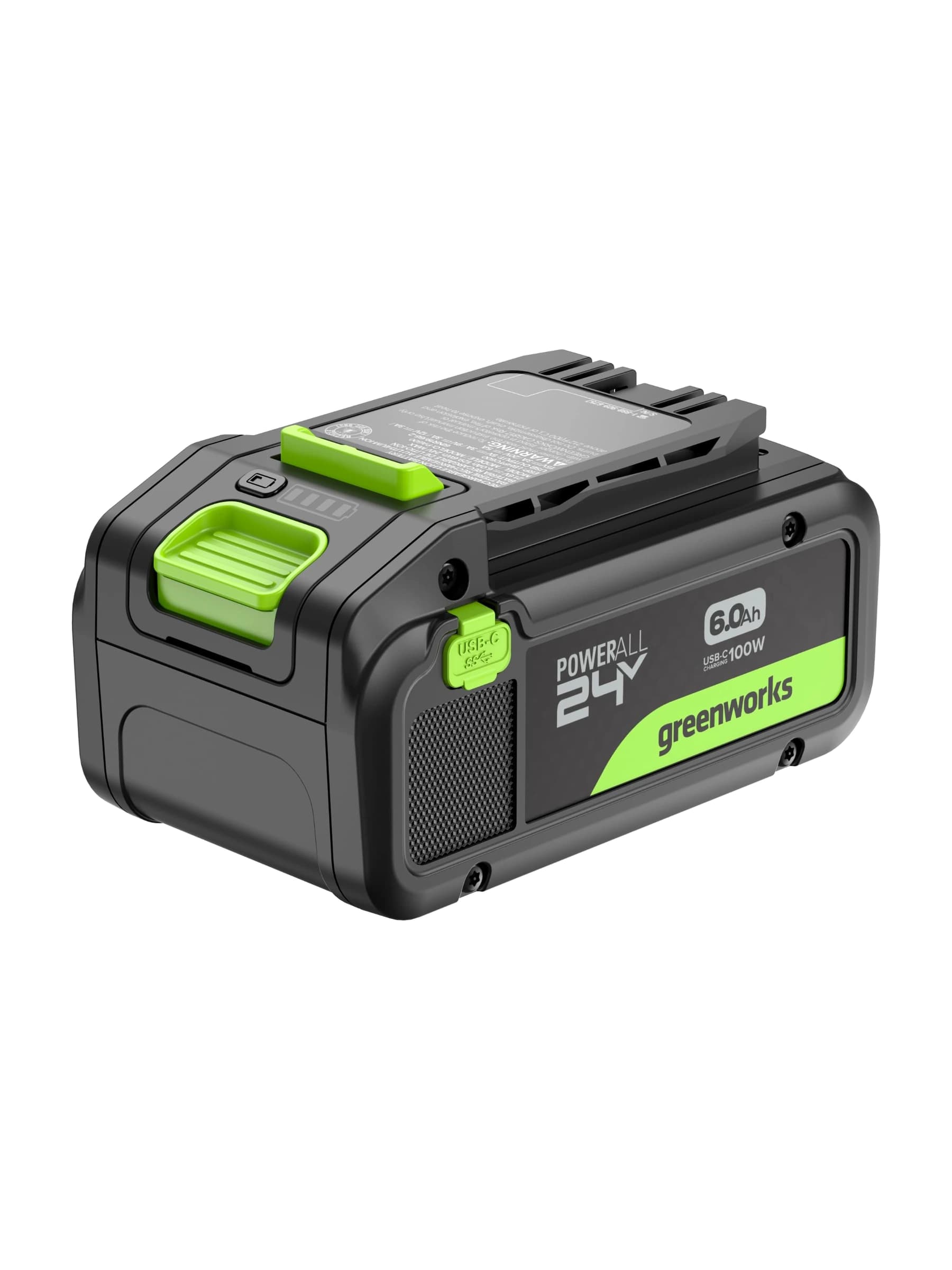 סוללה 6 אמפר 24 וולט נטענת עם יציאת USB-C, Greenworks BA2460CA1: הסוללה מזווית גבוהה יותר, רואים את לחצן השחרור הירוק ואת מכסה יציאת ה-USB-C, על רקע לבן