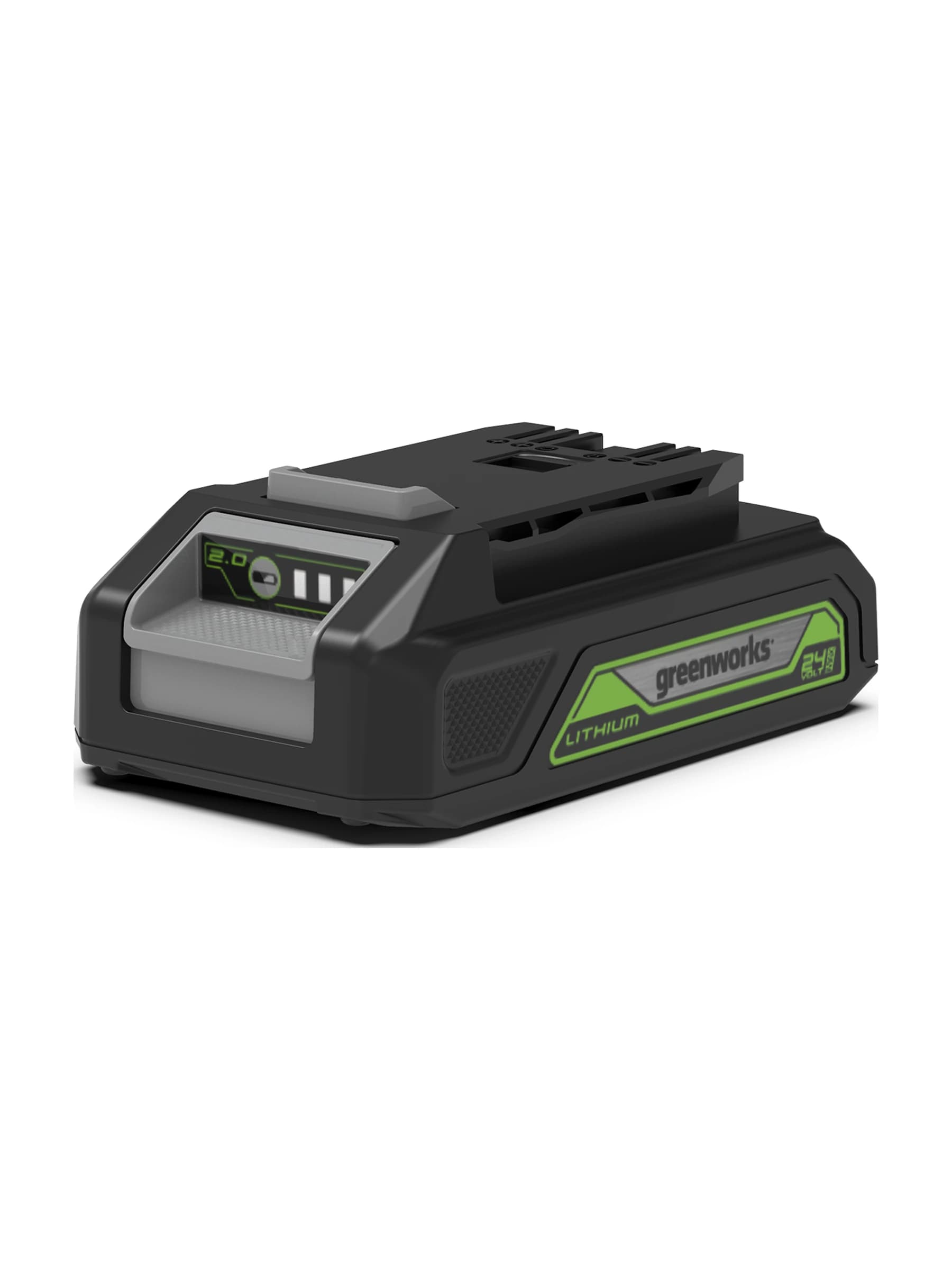 סוללה 2 אמפר 24 וולט נטענת, Greenworks G24B2: הסוללה הקומפקטית במבט מלפנים ומהצד, עם מחוון הטעינה והתווית הירוקה, על רקע לבן