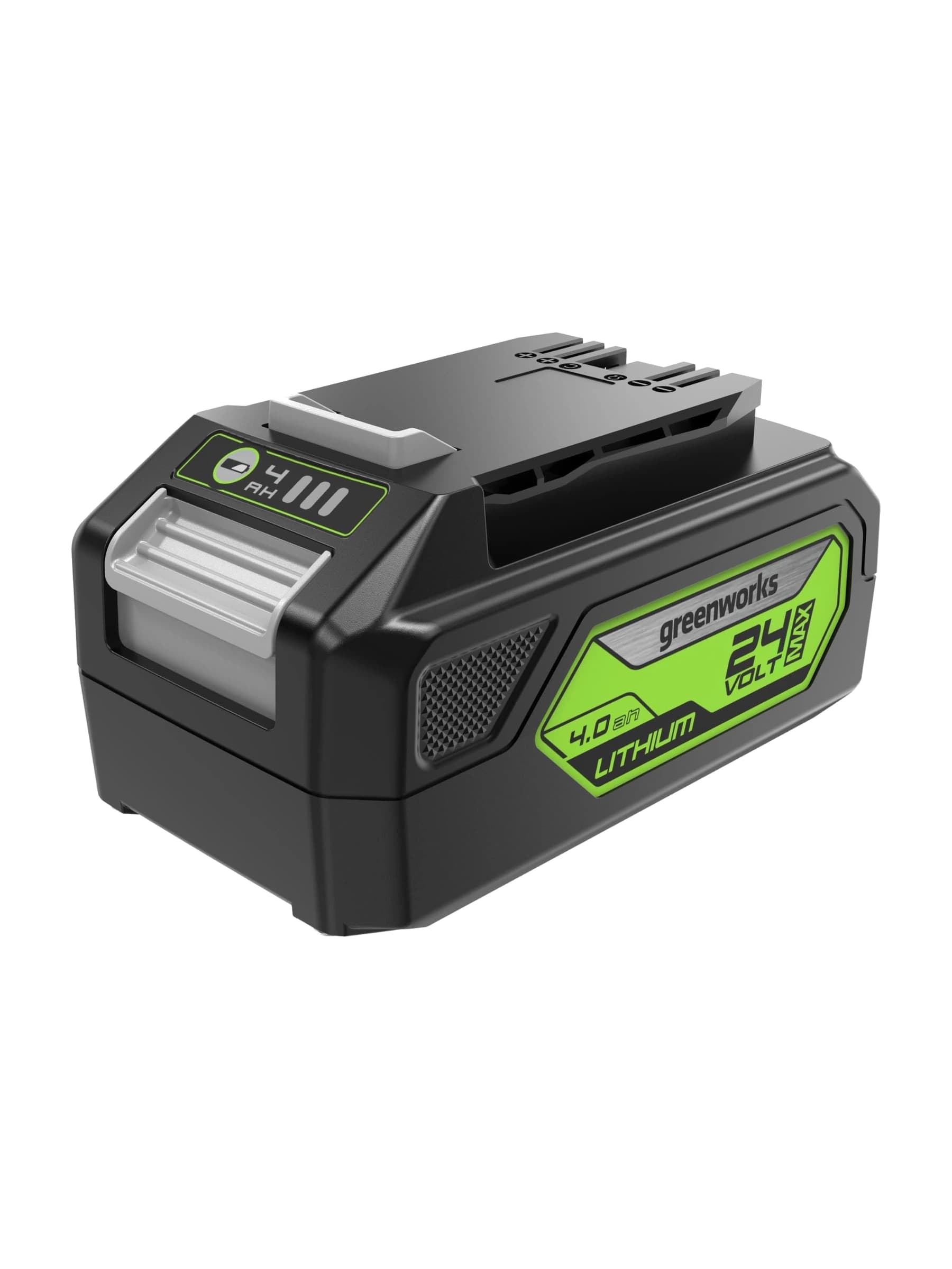סוללה 4 אמפר 24 וולט נטענת, Greenworks G24B4: הסוללה מהצד השני, מחוון הטעינה ופתחי האוורור, על רקע לבן