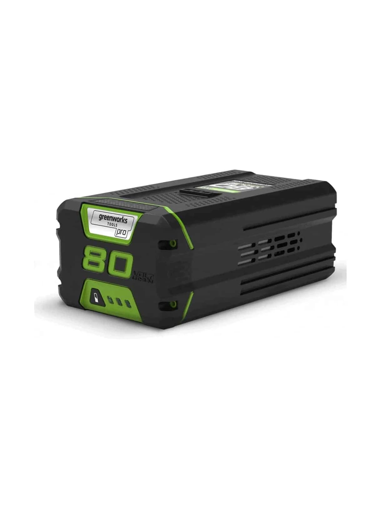 סוללה 4 אמפר 80 וולט נטענת, Greenworks 2981102: הסוללה מלפנים ומהצד עם מחוון הטעינה והסימון 80, על רקע לבן