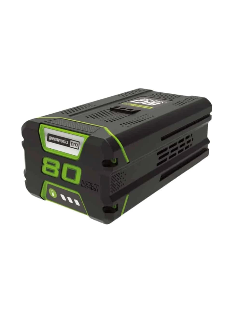 סוללה 4 אמפר 80 וולט נטענת, Greenworks 2981102: תקריב של הסוללה מזווית עליונה, עם ידית הנשיאה והסימון 80
