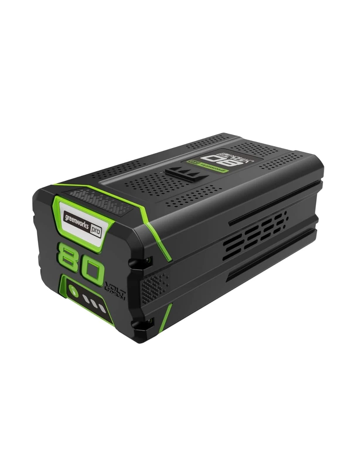 סוללה 5 אמפר 80 וולט נטענת, Greenworks GBA80500: הסוללה במבט אלכסוני מהצד השני, עם הספרה 80 הירוקה ונוריות החיווי בחזית, על רקע לבן