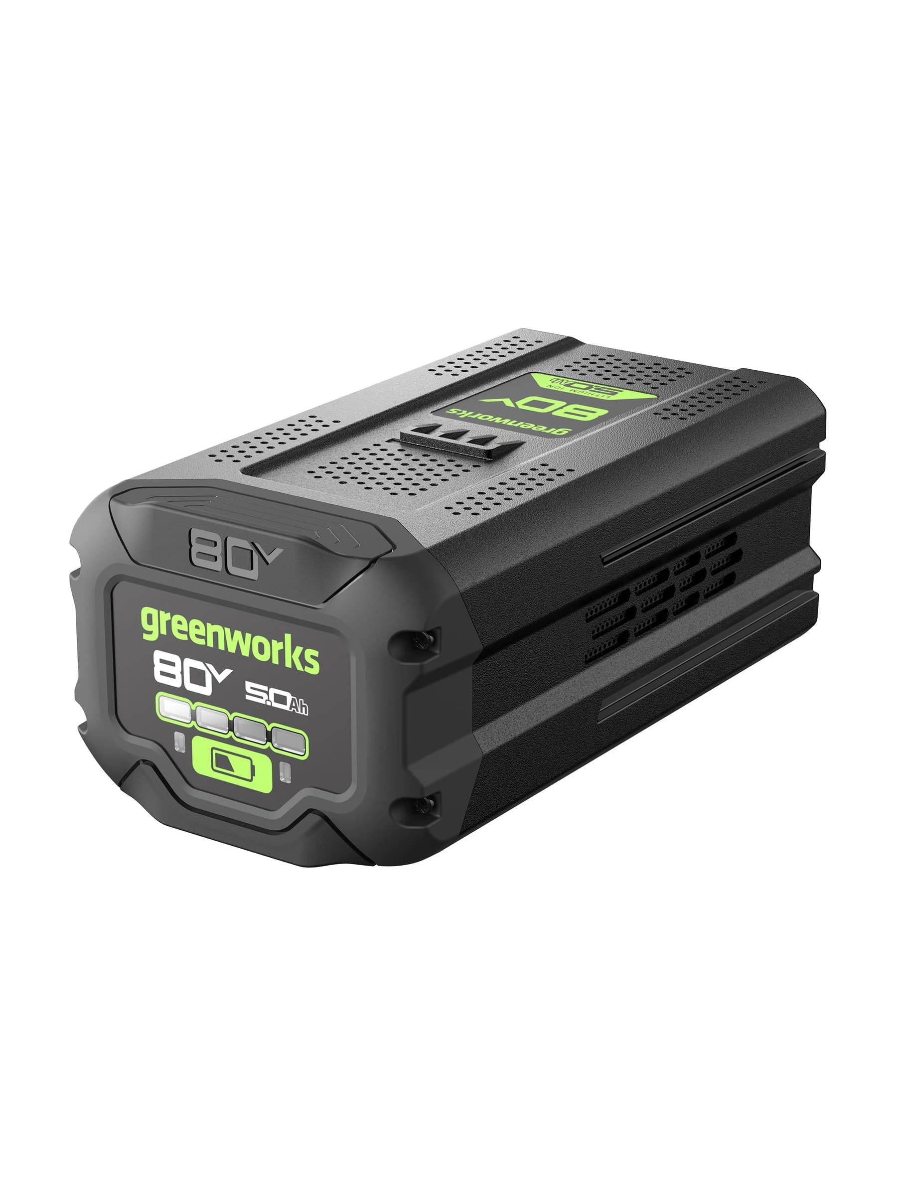 סוללה 5 אמפר 80 וולט נטענת, Greenworks GBA80500: הסוללה במבט אלכסוני מלפנים, עם תווית 80 וולט 5 אמפר שעה ומחוון טעינה, על רקע לבן