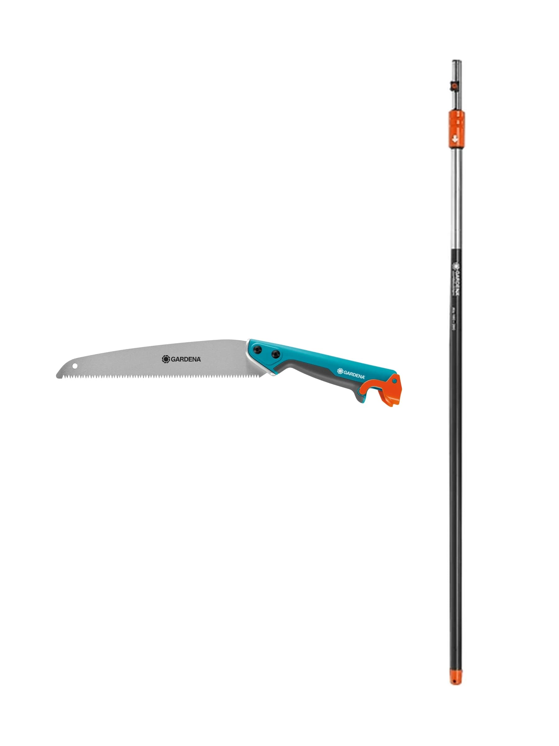 ערכת משור גובה ומוט טלסקופי, GARDENA combisystem: משור הגובה ולצידו המוט הטלסקופי 3721, 210 עד 390 ס״מ, צילום סטודיו