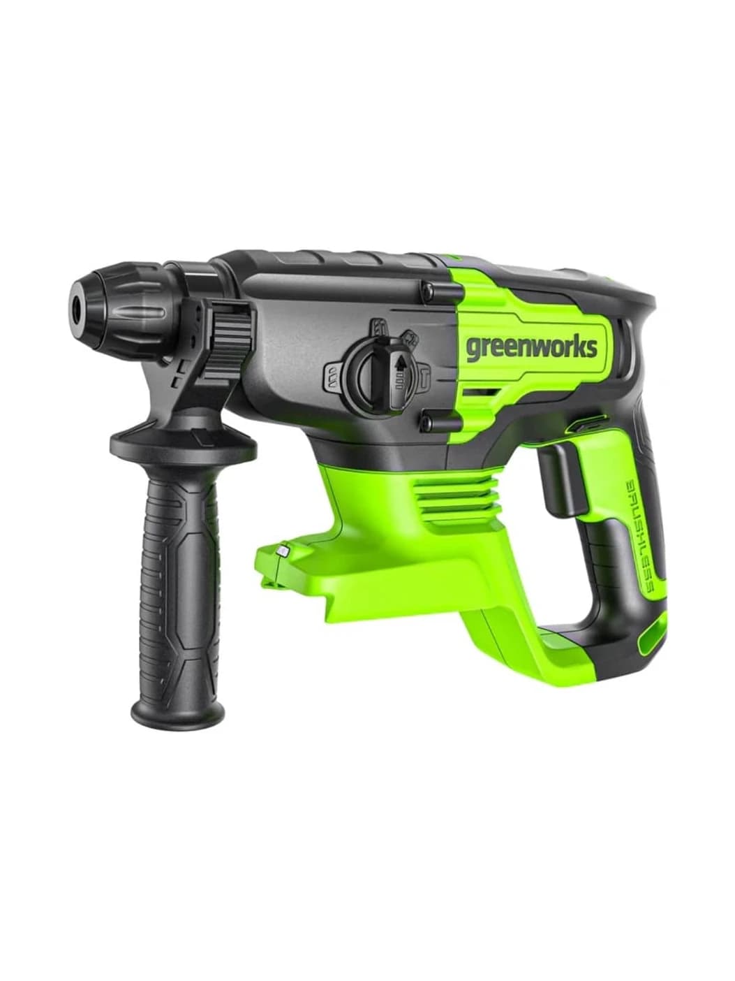 פטישון 24 וולט נטען, Greenworks 3806802: גוף בלבד, מבט מהצד עם ידית העזר הקדמית, על רקע לבן