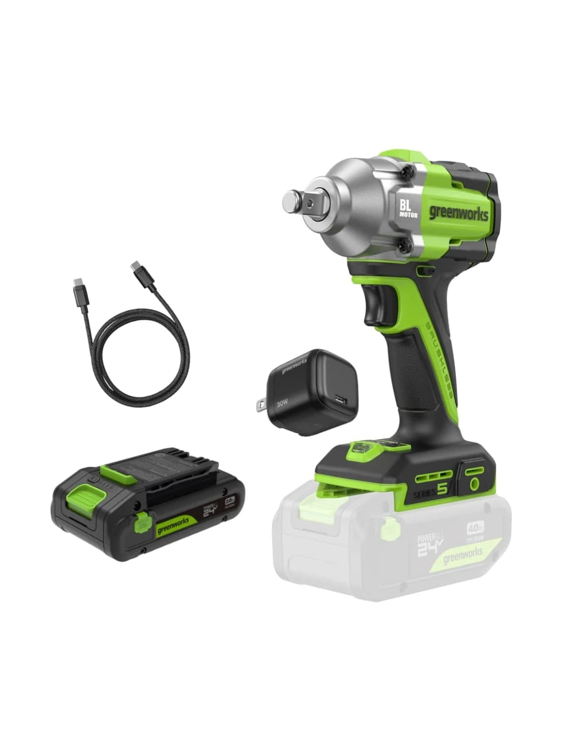 מפתח רטיטה 24 וולט נטען עם סוללת 4 אמפר ומטען, Greenworks IW550: הערכה: המפתח עם סוללה מסומנת באפור, ולצידו סוללה, מטען קיר וכבל, על רקע לבן