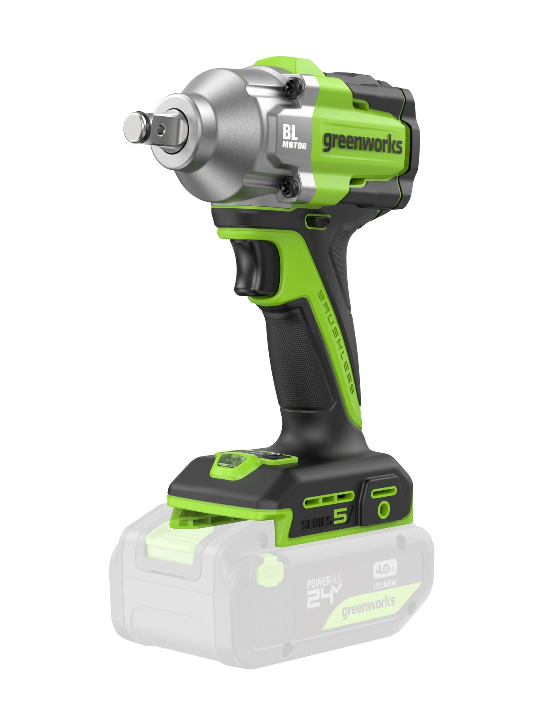 מפתח רטיטה 24 וולט נטען עם סוללת 4 אמפר ומטען, Greenworks IW550: המפתח לבדו, מבט מהצד על ראש הריבוע ועל בורר המהירויות, הסוללה מסומנת באפור, על רקע לבן