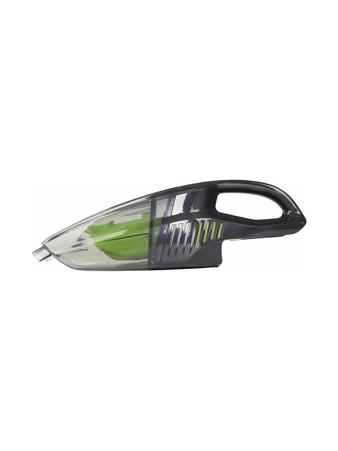 שואב אבק 24 וולט נטען גוף בלבד, Greenworks G24HV: השואב הידני עם מיכל אבק שקוף ומסנן ירוק, מבט מהצד, על רקע לבן