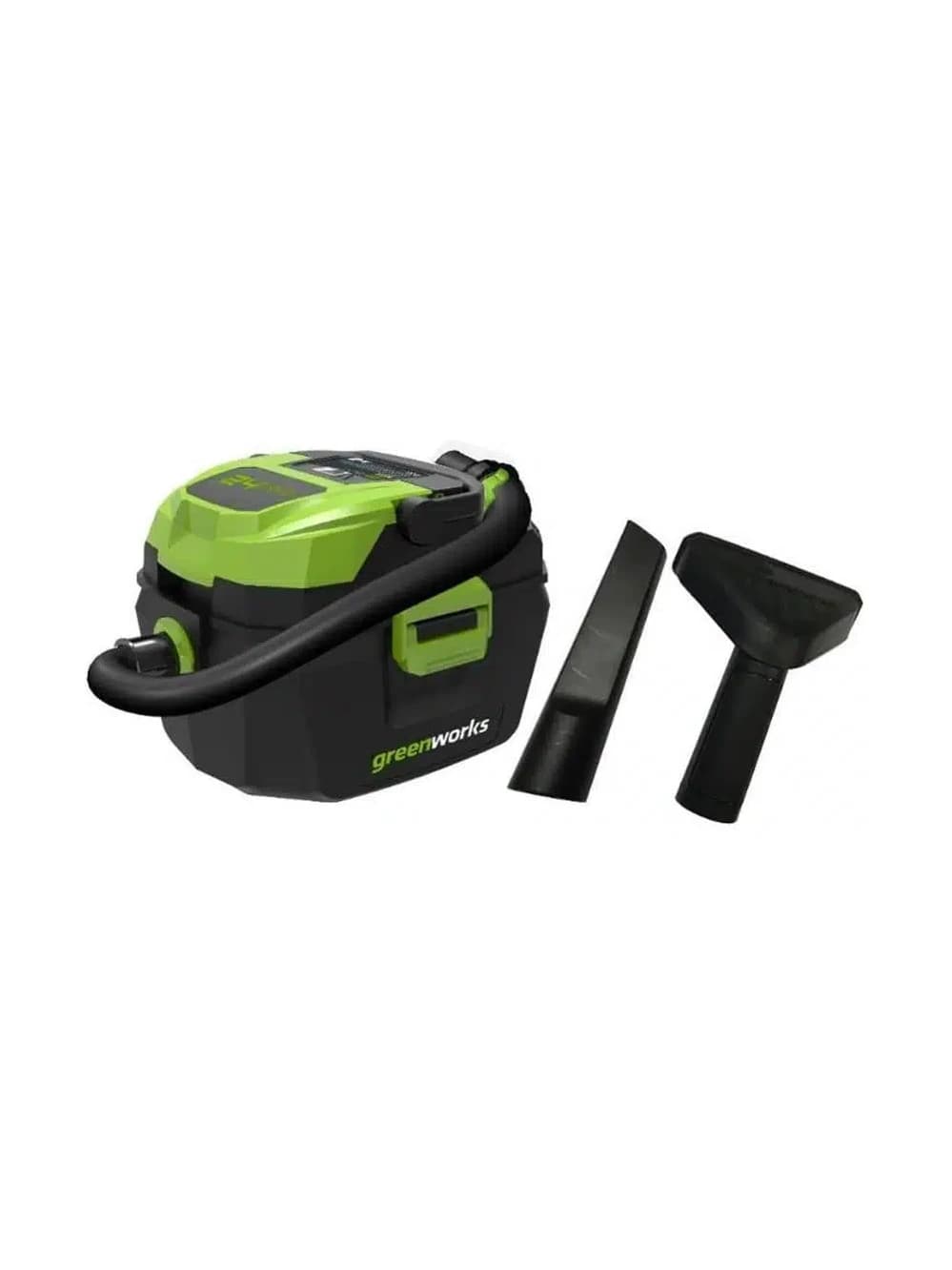 שואב אבק יבש רטוב 24 וולט נטען, Greenworks G24WDV: השואב עם שתי הפיות לצידו, גוף בלבד, על רקע לבן