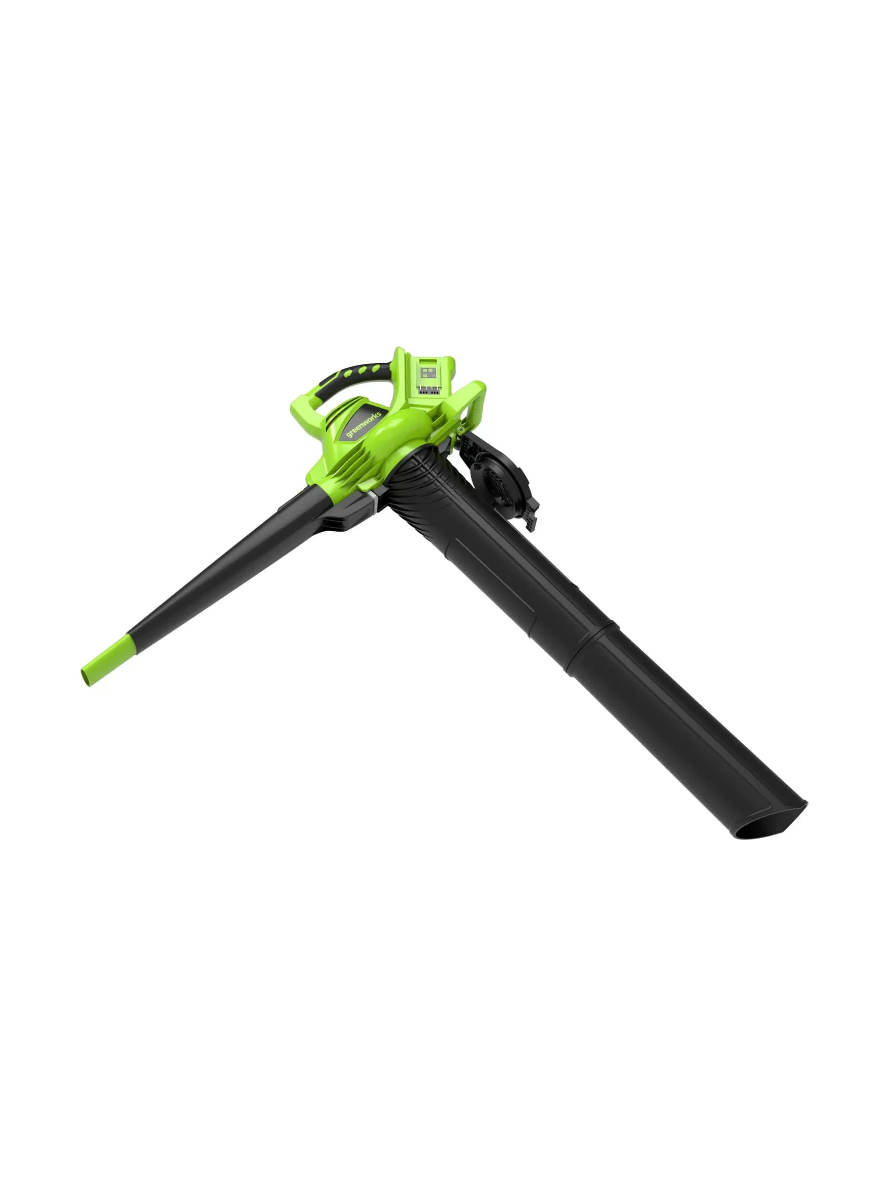 מפוח ושואב עלים 48 וולט נטען, Greenworks BL48L01-01: הכלי עם צינור הניפוח וצינור השאיבה פרושים לשני הצדדים, על רקע לבן